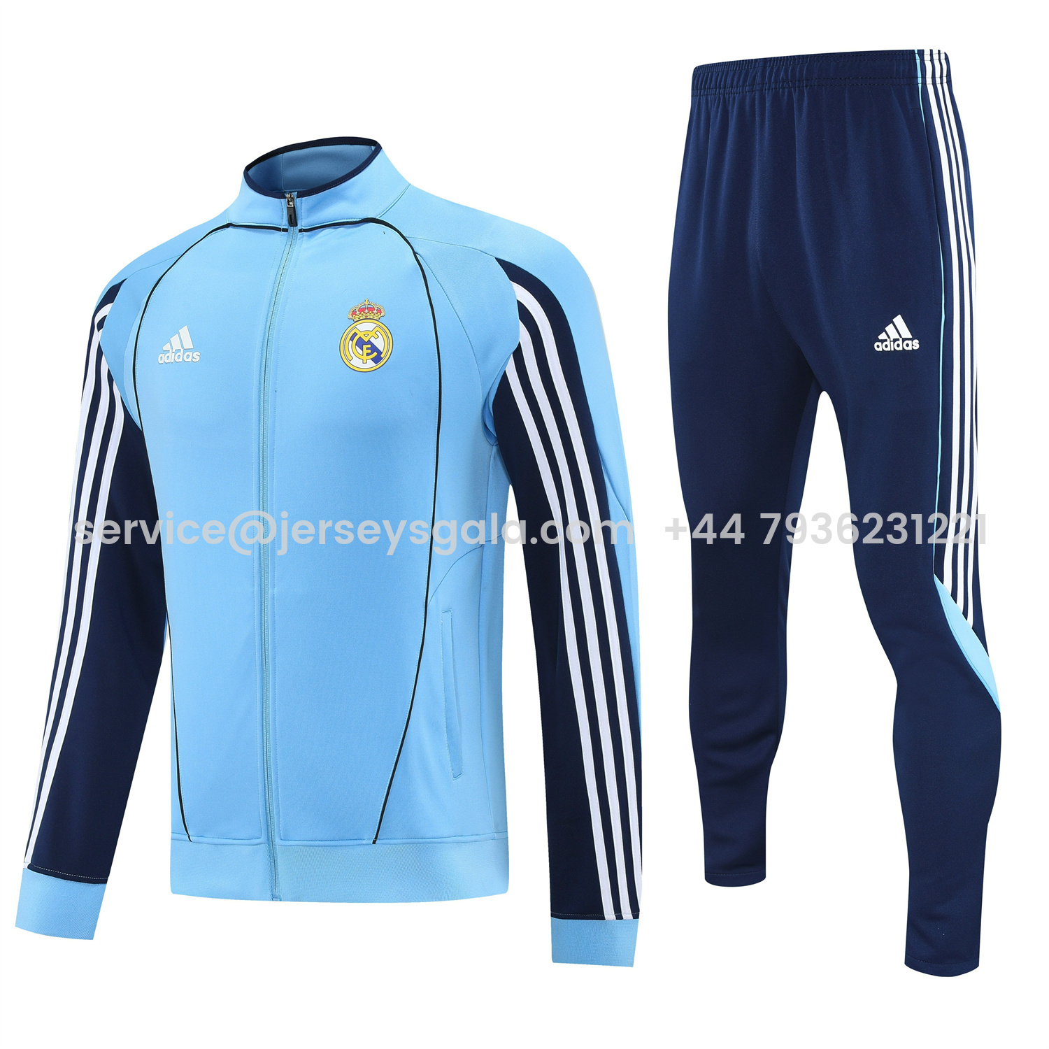 JerseysGala.com | Real Madrid 25-26 Jacket Training Tracksuit - Light Blue Jackets & Deep Blue Pants -Customize Name, Number and Patch | Worldwide Shipping