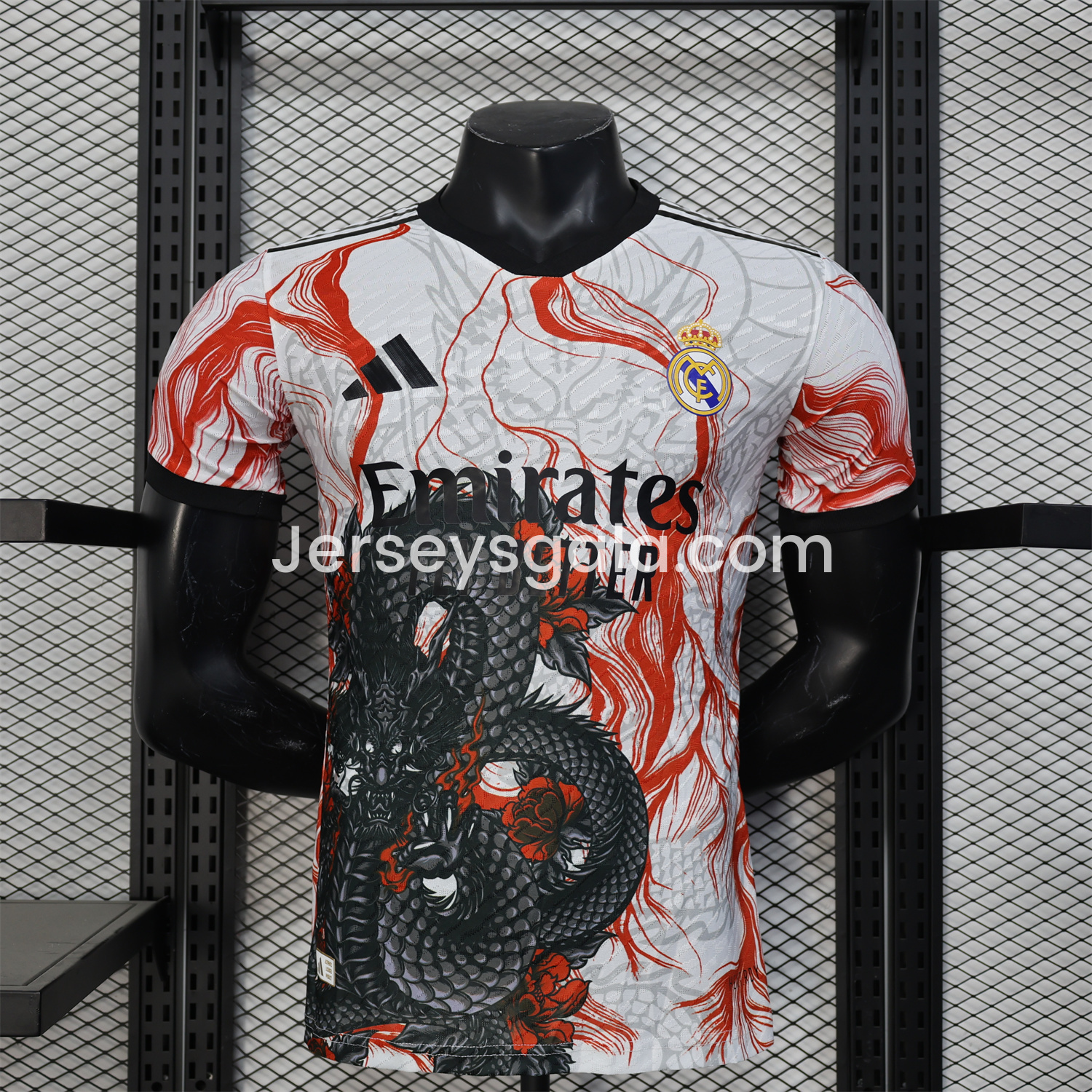 JerseysGala.com | Real Madrid 24-25 Black & Red Loong White Jersey - Player Version -Customize Name, Number and Patch | Worldwide Shipping