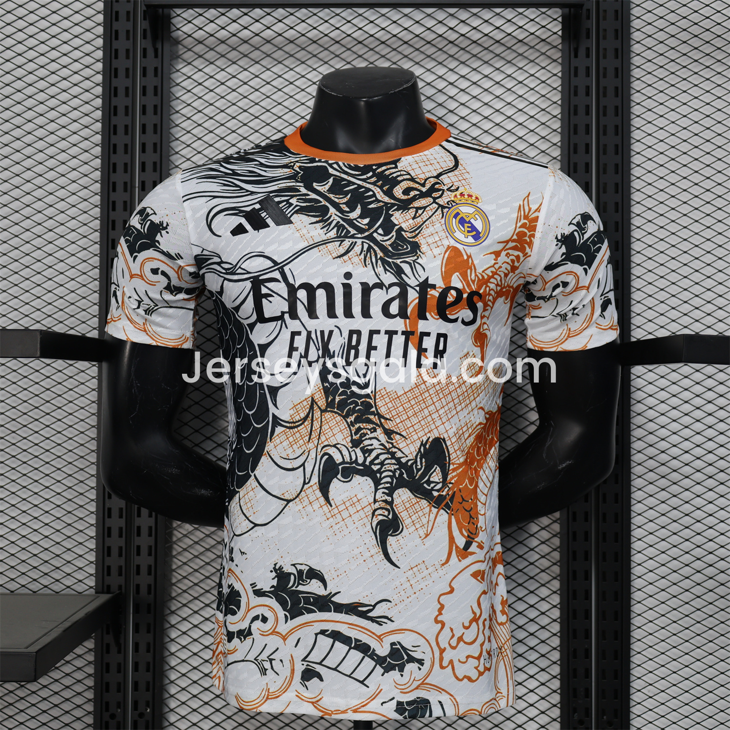 JerseysGala.com | Real Madrid 24-25 Black & Orange Loong White Jersey - Player Version -Customize Name, Number and Patch | Worldwide Shipping