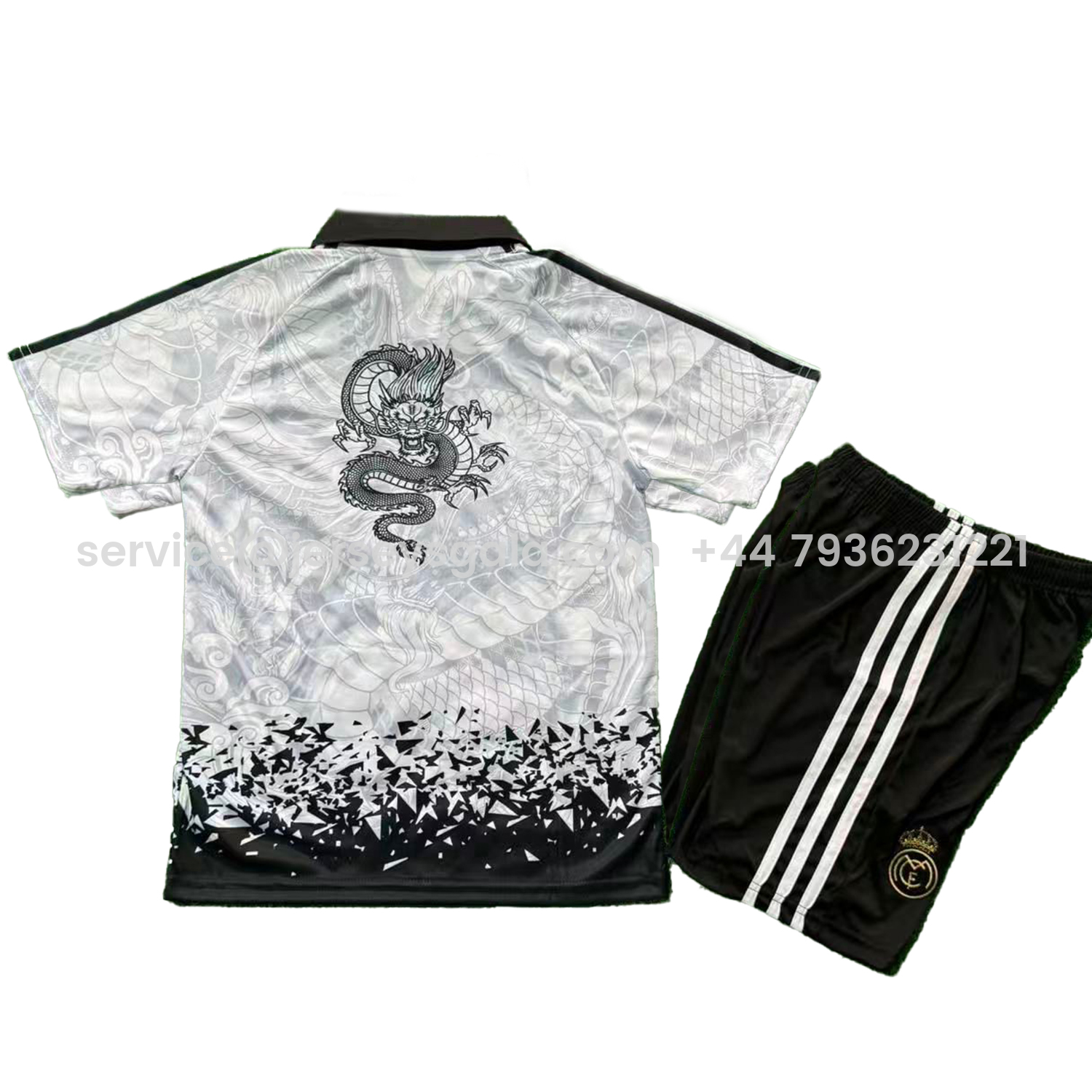 JerseysGala.com | Real Madrid 25-26 Black Dragon Pattern White Special Polo Kids Kit -Customize Name, Number and Patch | Worldwide Shipping