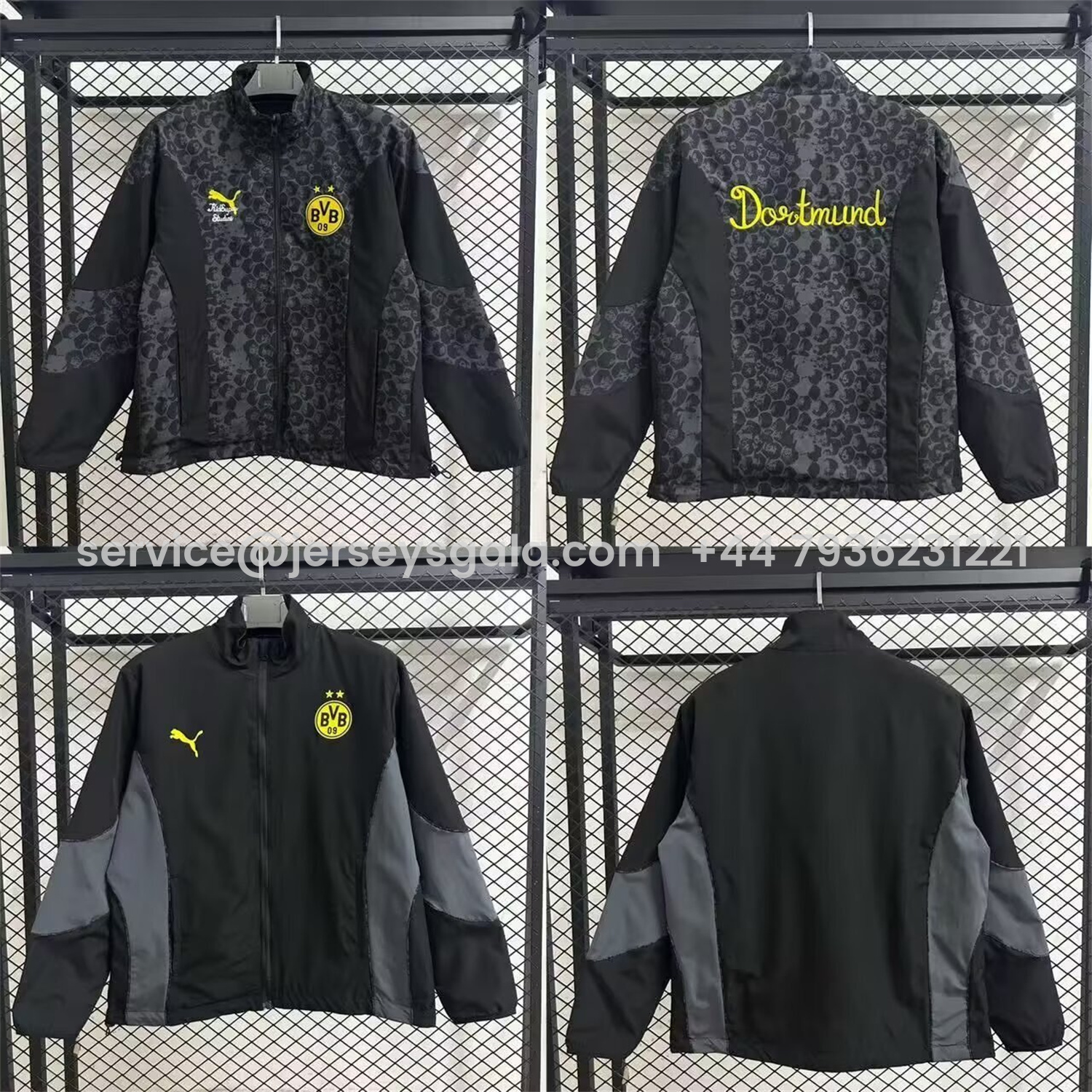 JerseysGala.com | Dortmund 25-26 Black and Gray Double-Sided Training Windbreaker Jacket -Customize Name, Number and Patch | Worldwide Shipping