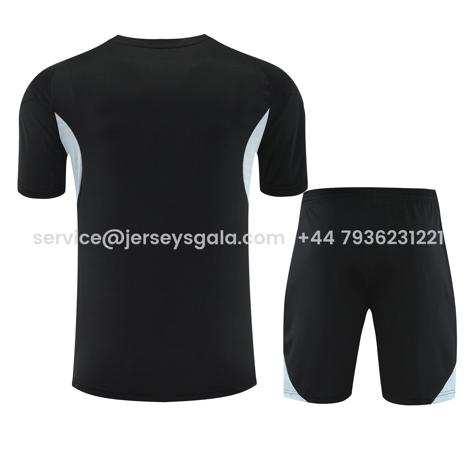 JerseysGala.com | Real Madrid 25-26 Short-Sleeve Training Set - Light Grey Stripes Black Top & Black Shorts -Customize Name, Number and Patch | Worldwide Shipping