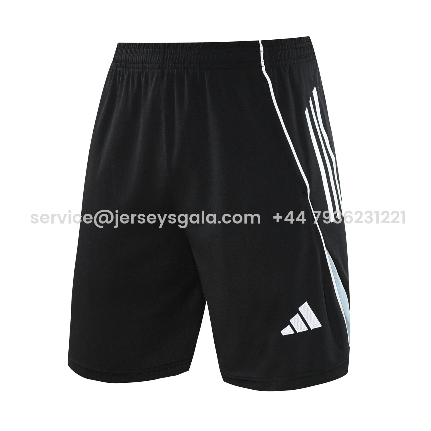 JerseysGala.com | Real Madrid 25-26 Short-Sleeve Training Set - Light Grey Stripes Black Top & Black Shorts -Customize Name, Number and Patch | Worldwide Shipping