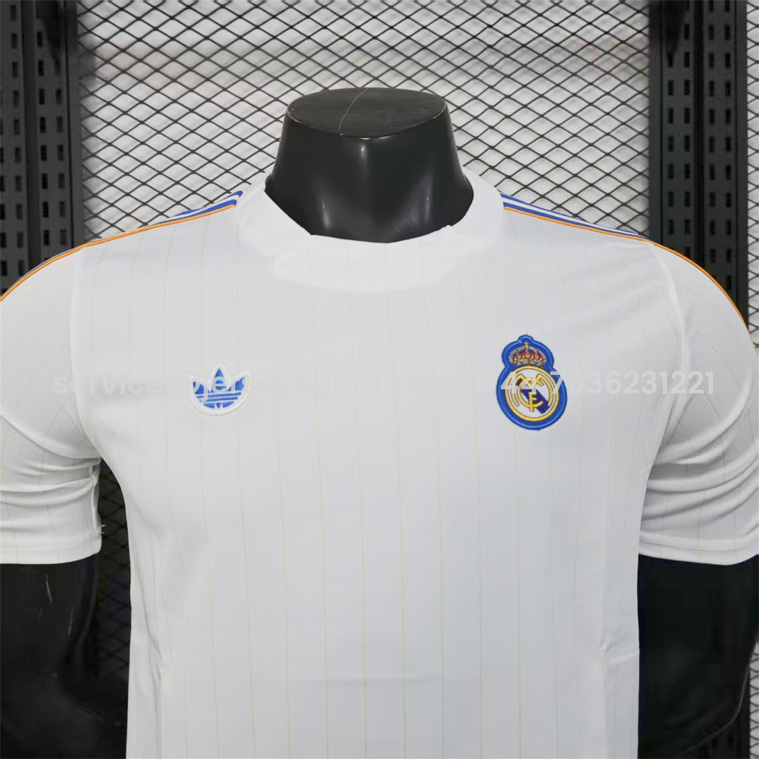 JerseysGala.com | Real Madrid 25-26 Trefoil Blue Lines White Travel Jersey - Player Version -Customize Name, Number and Patch | Worldwide Shipping