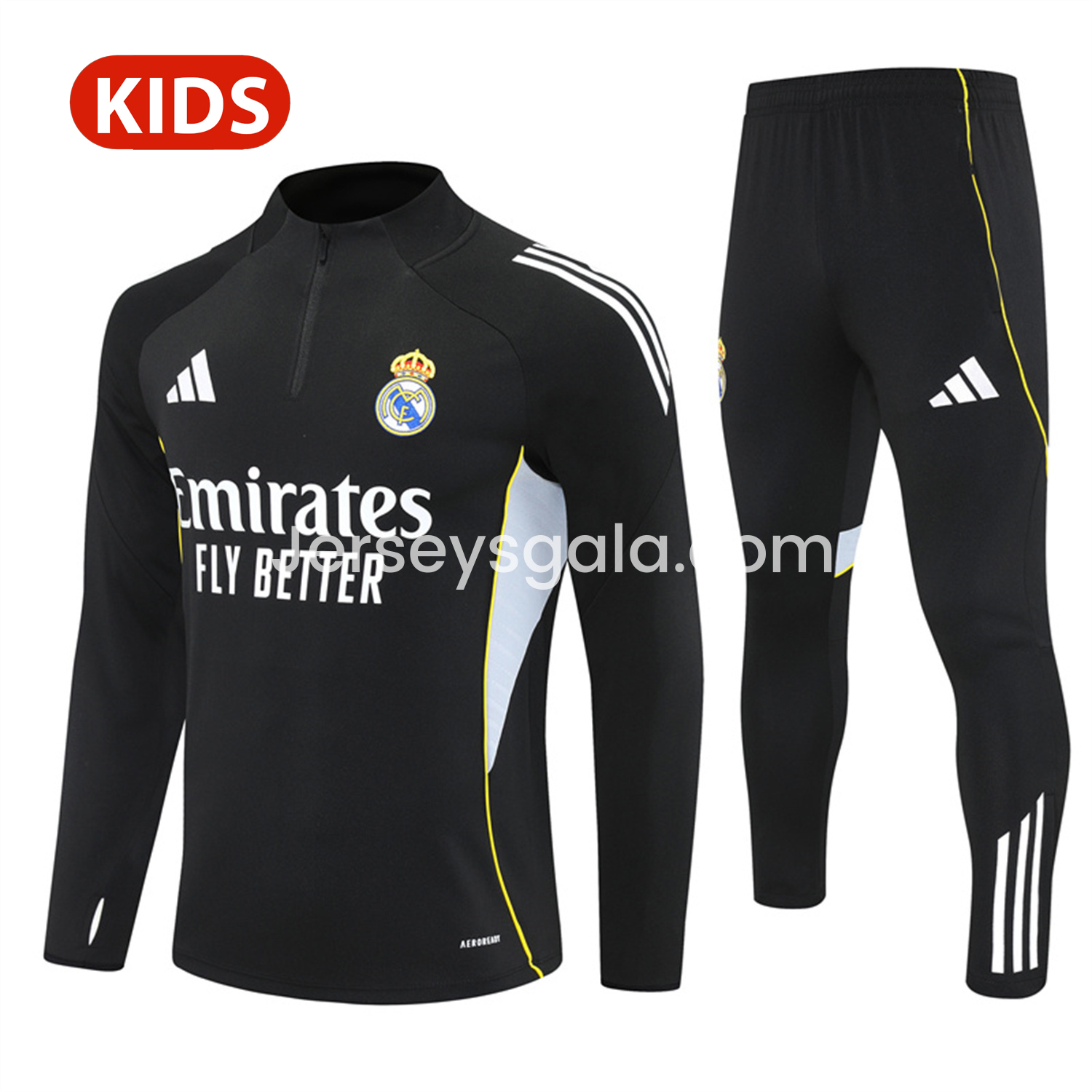 JerseysGala.com | Real Madrid 25-26 Kid Long Sleeves Training Set - Black Top & Black Pants -Customize Name, Number and Patch | Worldwide Shipping