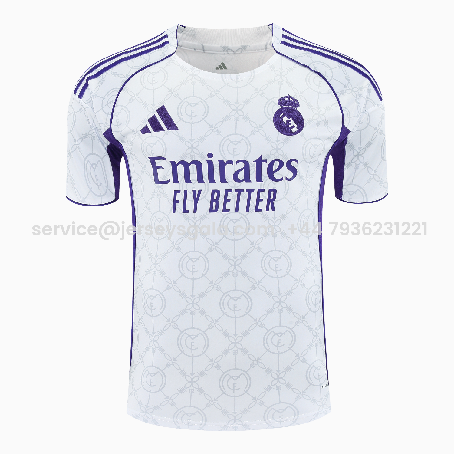 JerseysGala.com | Real Madrid 25-26 Short-Sleeve Training Set - Blue Edge White Top & Black Shorts -Customize Name, Number and Patch | Worldwide Shipping