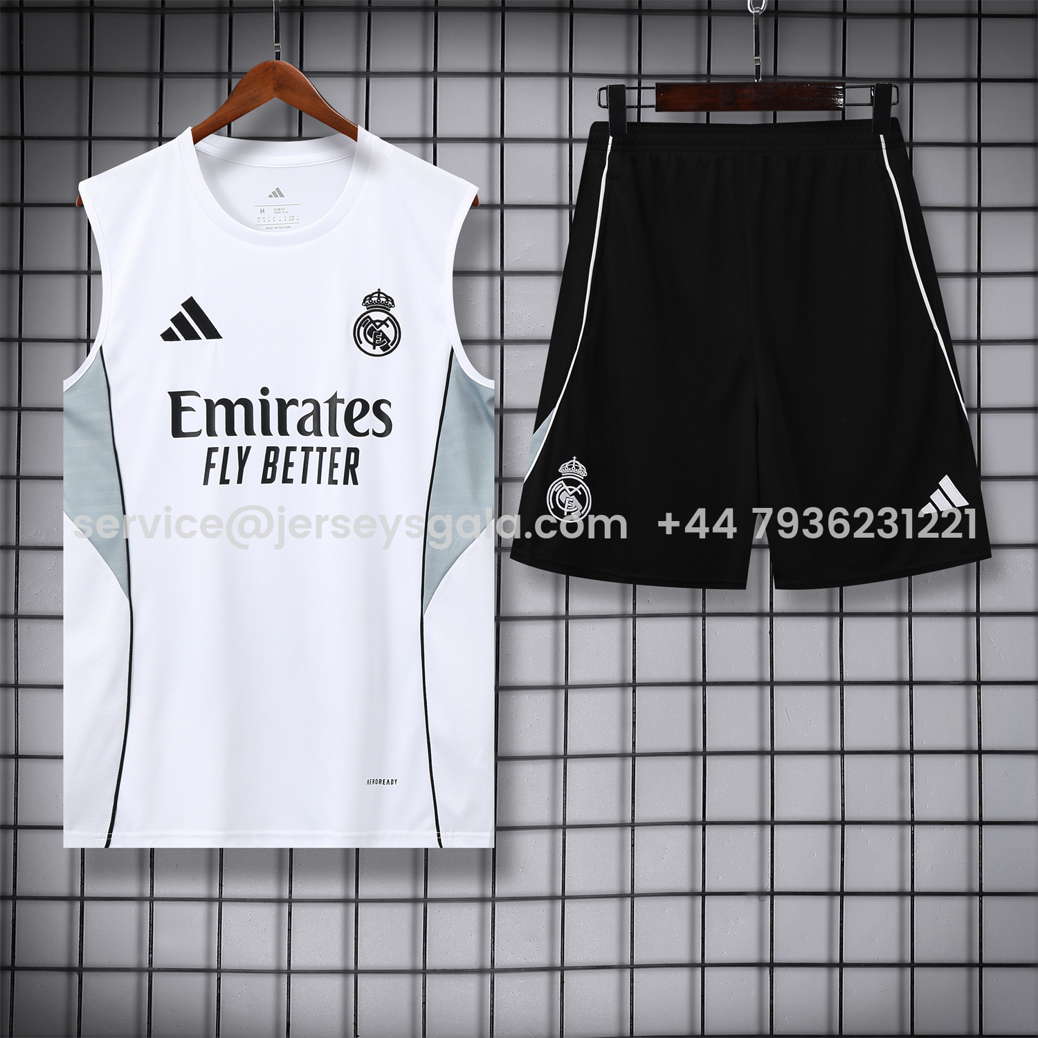 JerseysGala.com | Real Madrid 25-26 Vest Training Set - Grey And White Vest & Black Shorts -Customize Name, Number and Patch | Worldwide Shipping