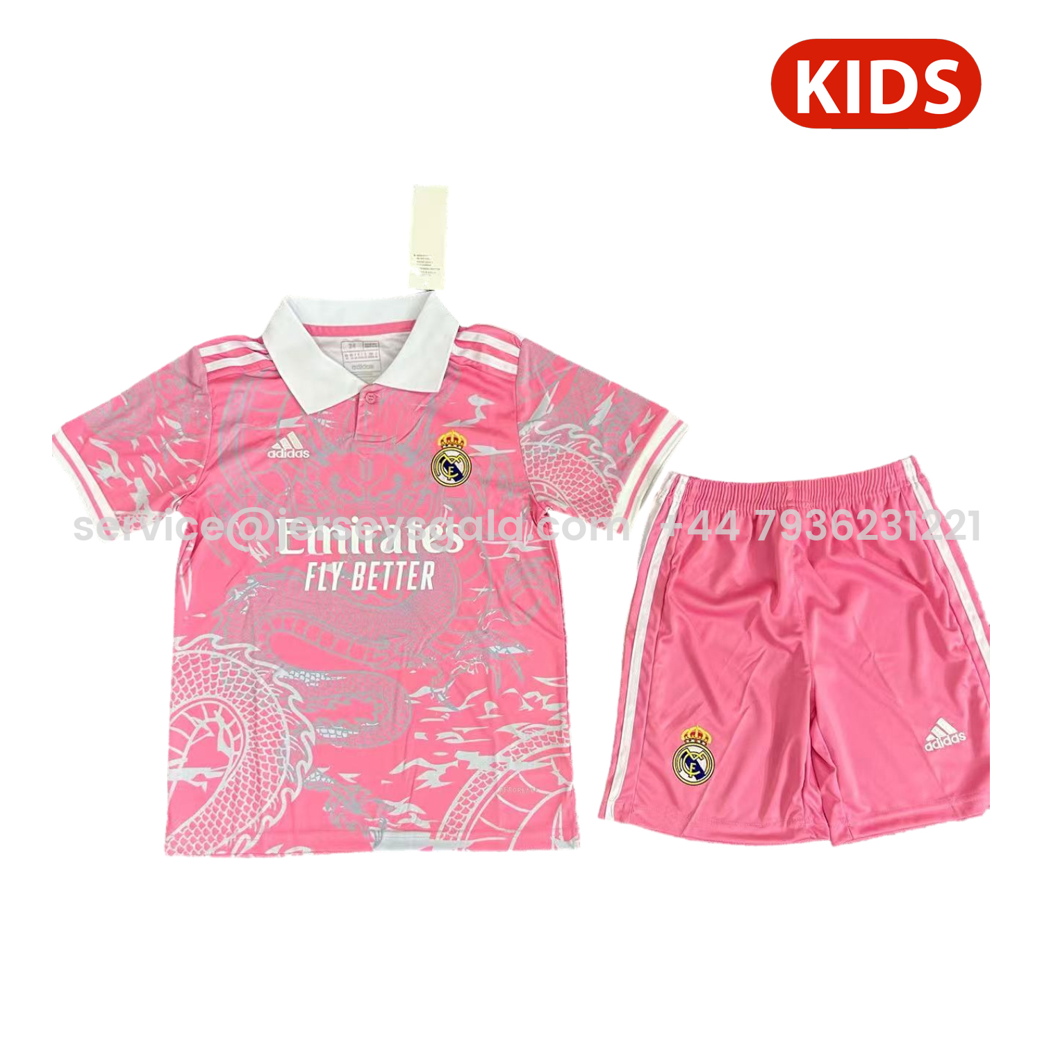 JerseysGala.com | Real Madrid 25-26 White Dragon Pink Special Polo Kids Kit -Customize Name, Number and Patch | Worldwide Shipping
