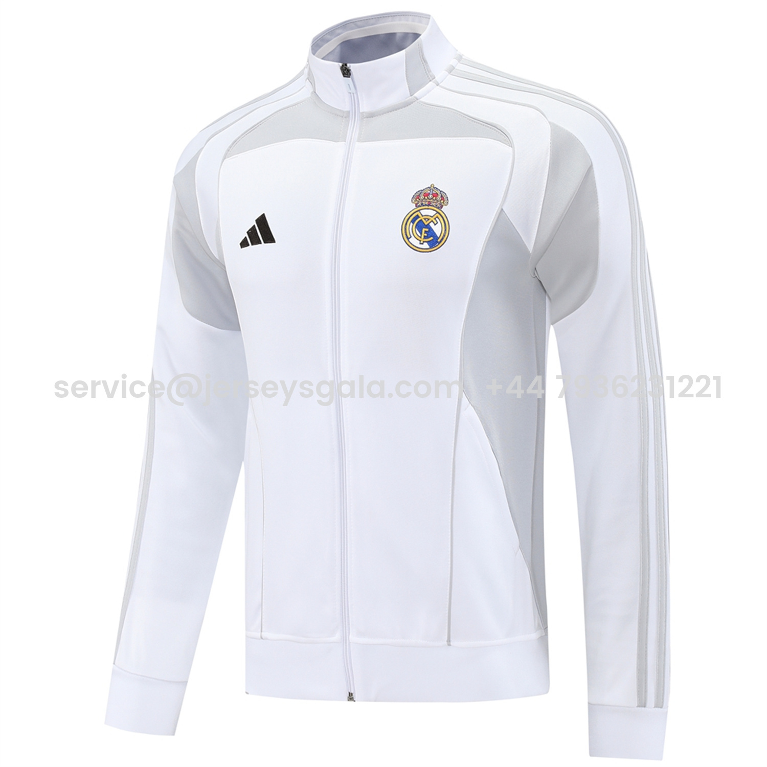 JerseysGala.com | Real Madrid 25-26 Jacket Training Tracksuit - White Jackets & Light Grey Pants -Customize Name, Number and Patch | Worldwide Shipping