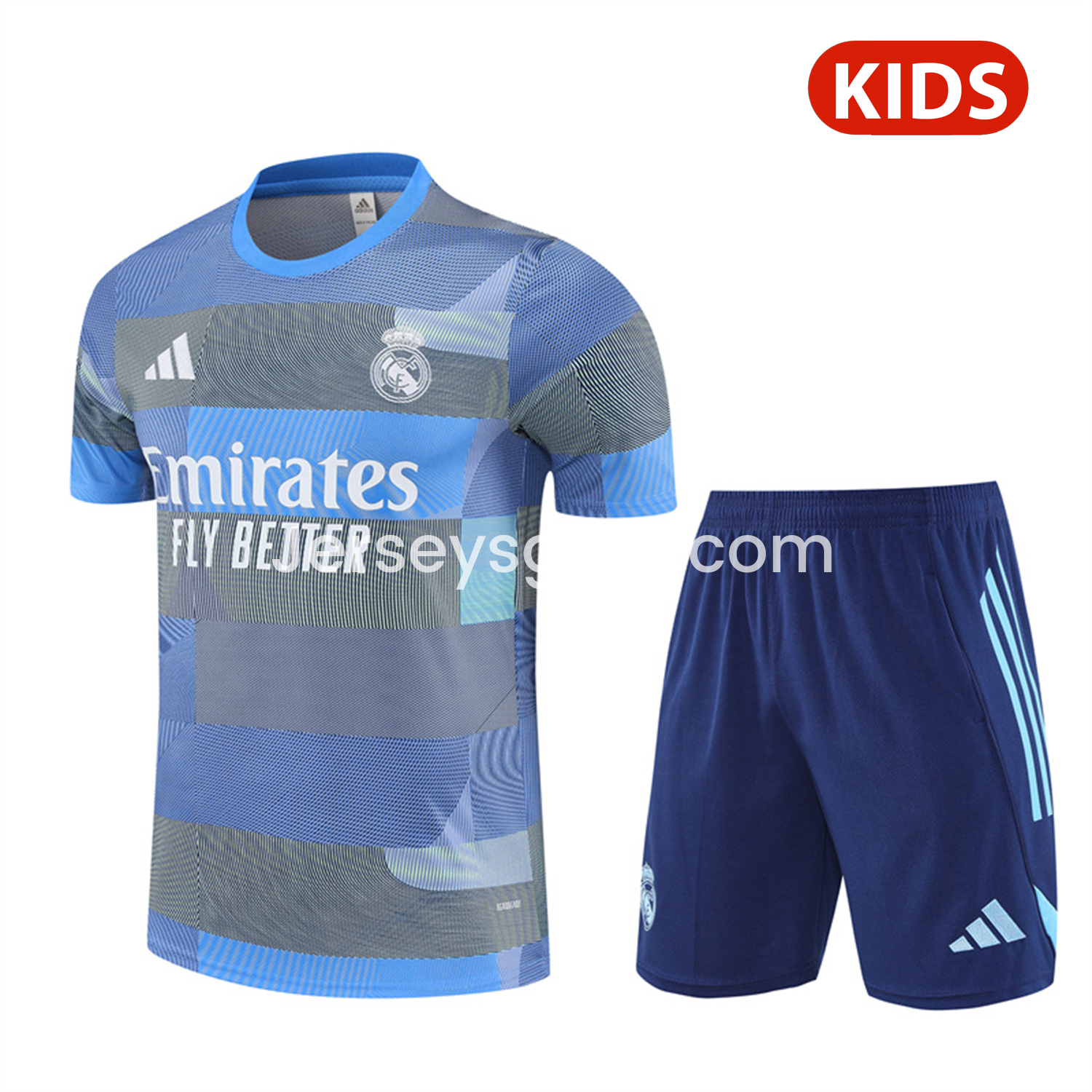 JerseysGala.com | Real Madrid 25-26 Pre-Match Kids Short-Sleeve Training Set - Blue-Gray Camouflage Top and Blue Shorts -Customize Name, Number and Patch | Worldwide Shipping