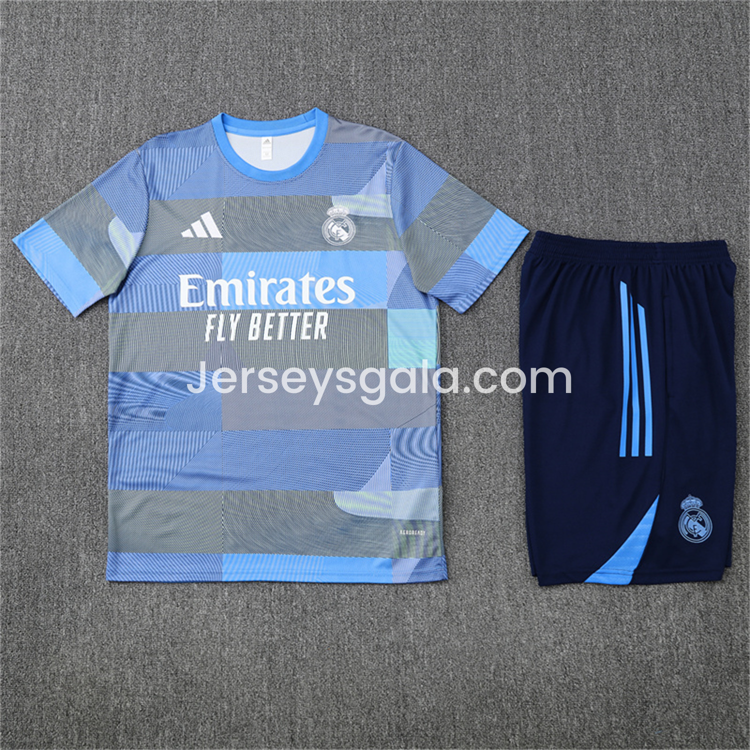 JerseysGala.com | Real Madrid 25-26 Pre-Match Short-Sleeve Training Set - Blue-Gray Camouflage Top and Blue Shorts -Customize Name, Number and Patch | Worldwide Shipping