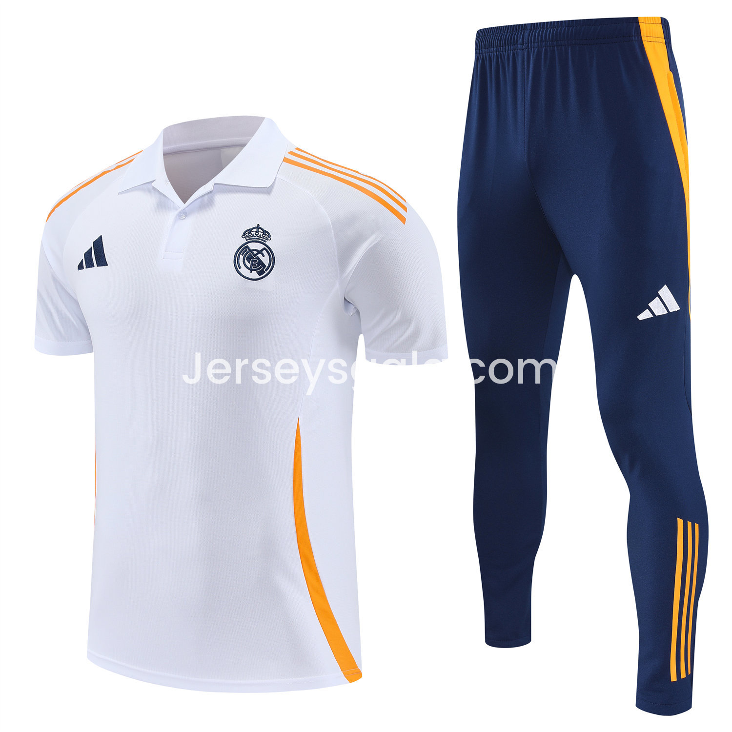 JerseysGala.com | Real Madrid 25-26 POLO Short-Sleeve Training Set - White Top and Deep Blue Pants -Customize Name, Number and Patch | Worldwide Shipping