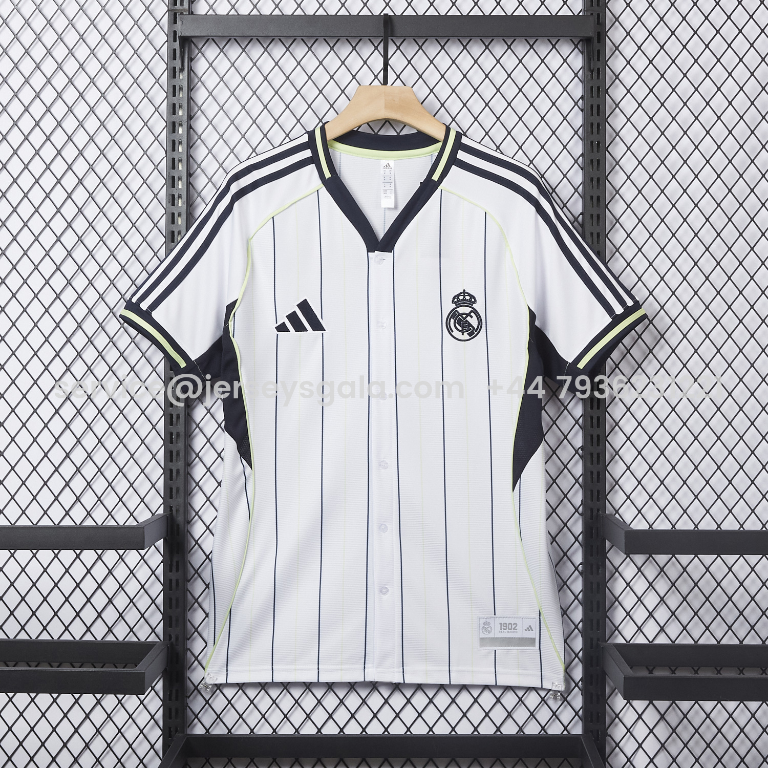 JerseysGala.com | Real Madrid 25-26 White Baseball Jersey with Black Stripes -Customize Name, Number and Patch | Worldwide Shipping