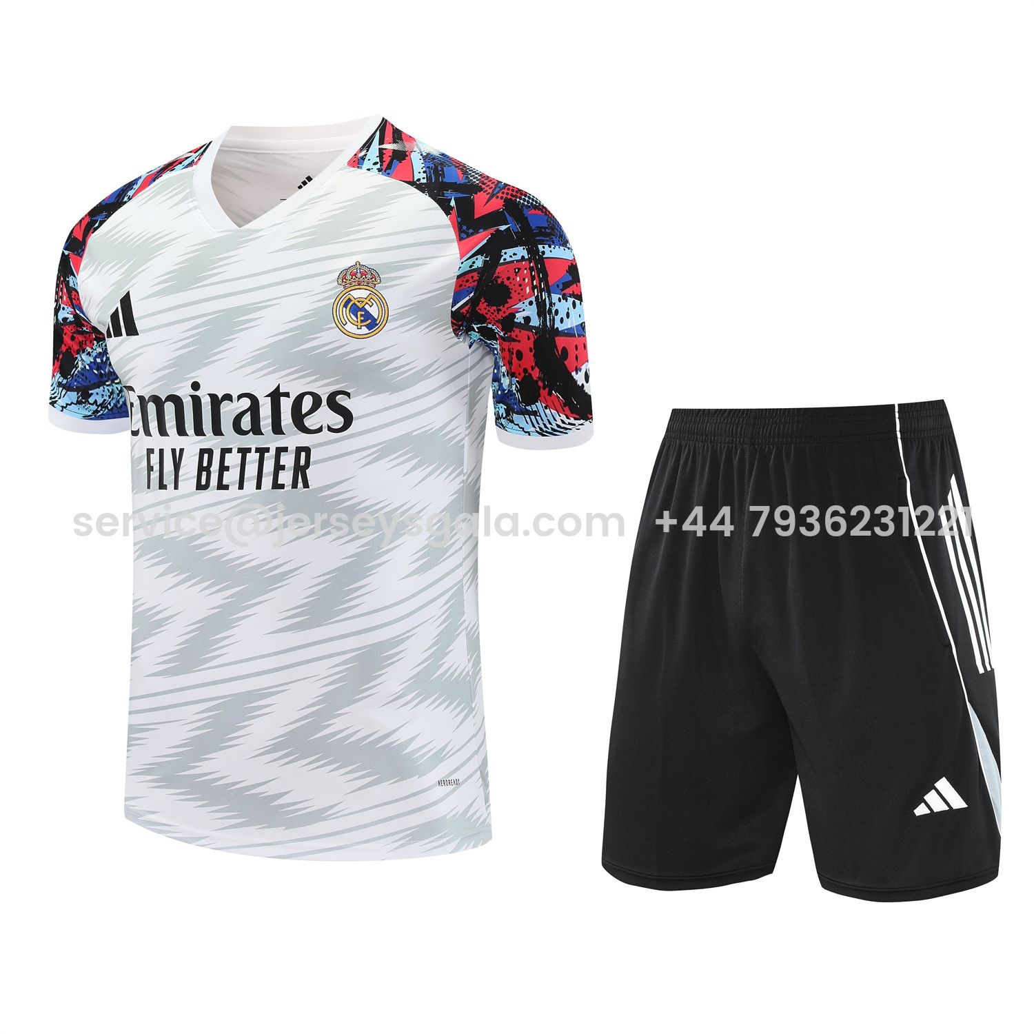 JerseysGala.com | Real Madrid 25-26 Short-Sleeve Training Set - Grey Arrow Pattern Top & Black Shorts -Customize Name, Number and Patch | Worldwide Shipping
