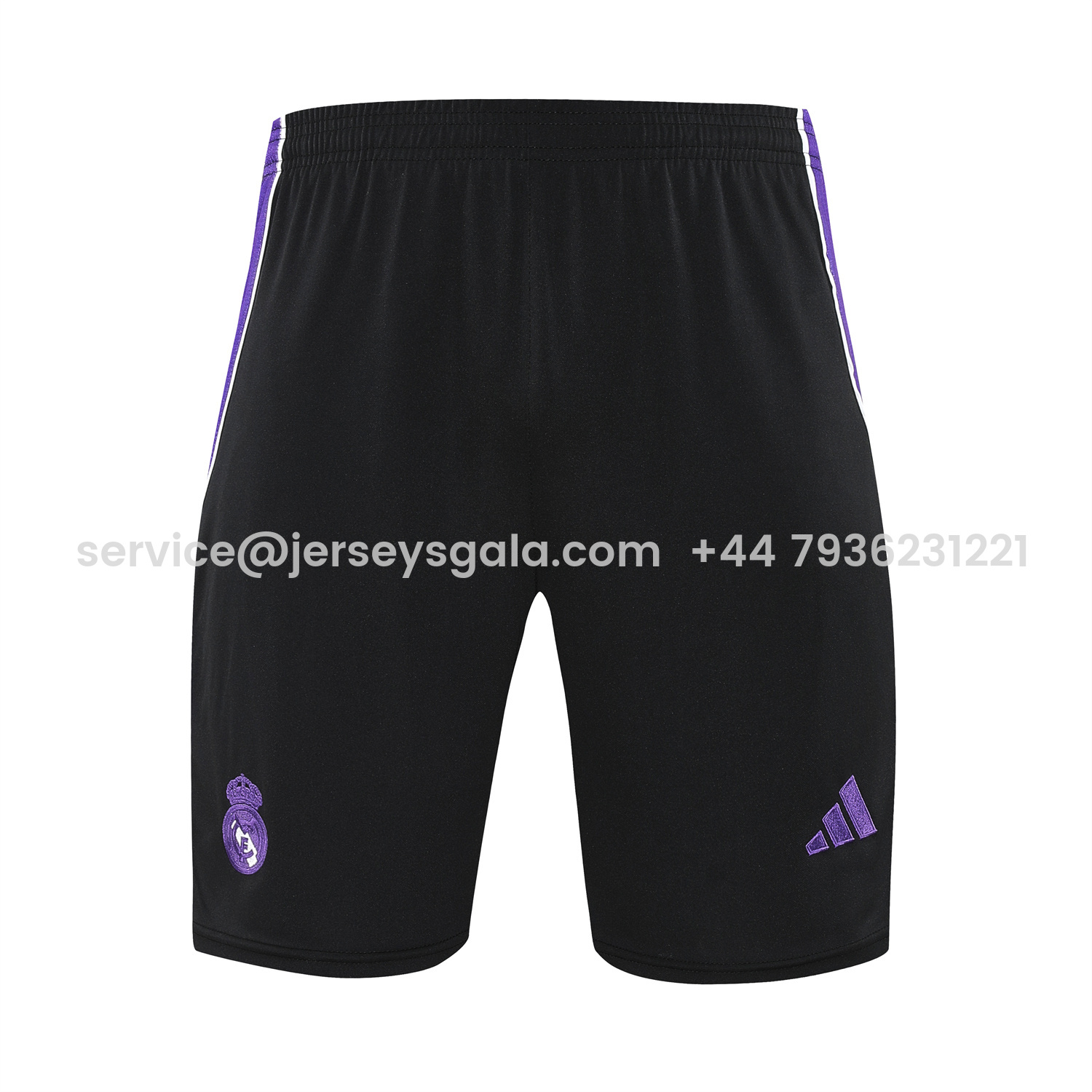 JerseysGala.com | Real Madrid 25-26 Short-Sleeve Training Set - Blue Edge White Top & Black Shorts -Customize Name, Number and Patch | Worldwide Shipping