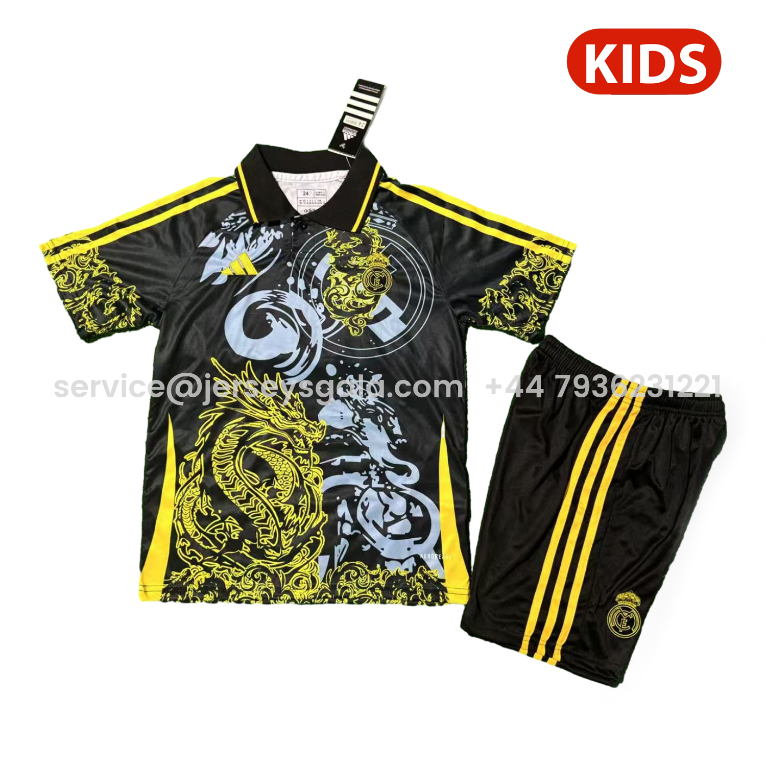 JerseysGala.com | Real Madrid 25-26 Yellow Dragon And Cloud Black Special Polo Kids Kit -Customize Name, Number and Patch | Worldwide Shipping