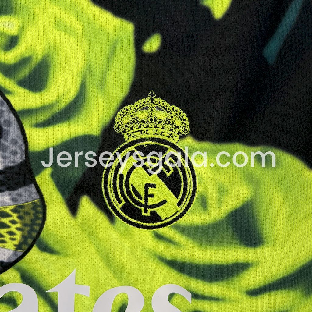 JerseysGala.com | Real Madrid 25-26 Snake and Green Flowers Black Jersey - Fans Version -Customize Name, Number and Patch | Worldwide Shipping