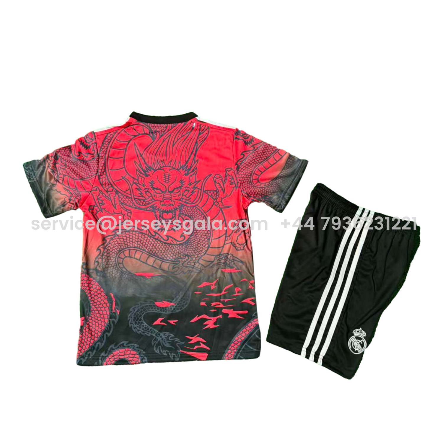 JerseysGala.com | Real Madrid 25-26 Black Dragon Red Special Kids Kit -Customize Name, Number and Patch | Worldwide Shipping