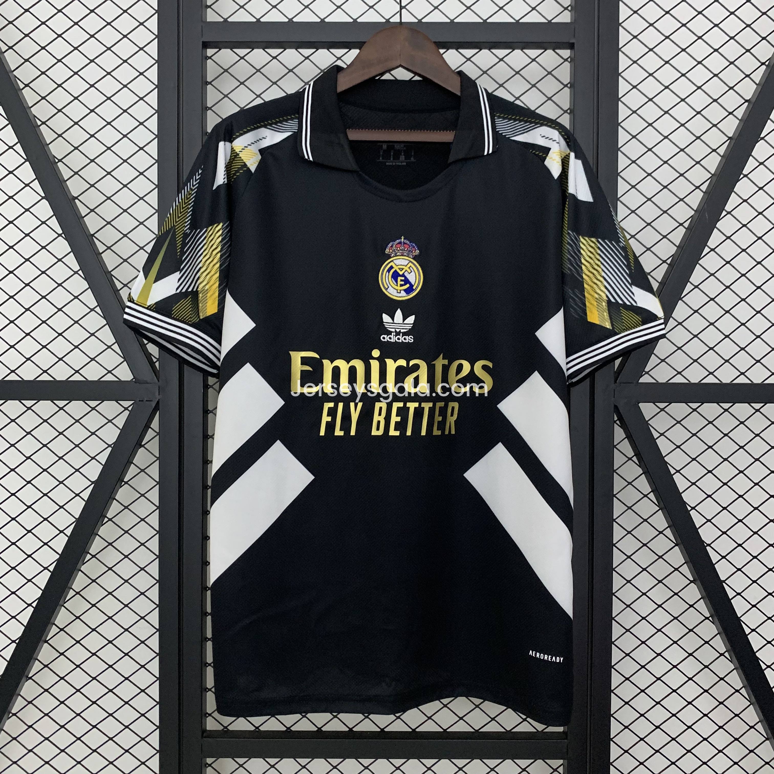 JerseysGala.com | Real Madrid 25-26 Black Gold White Three Bars Jersey - Fans Version -Customize Name, Number and Patch | Worldwide Shipping