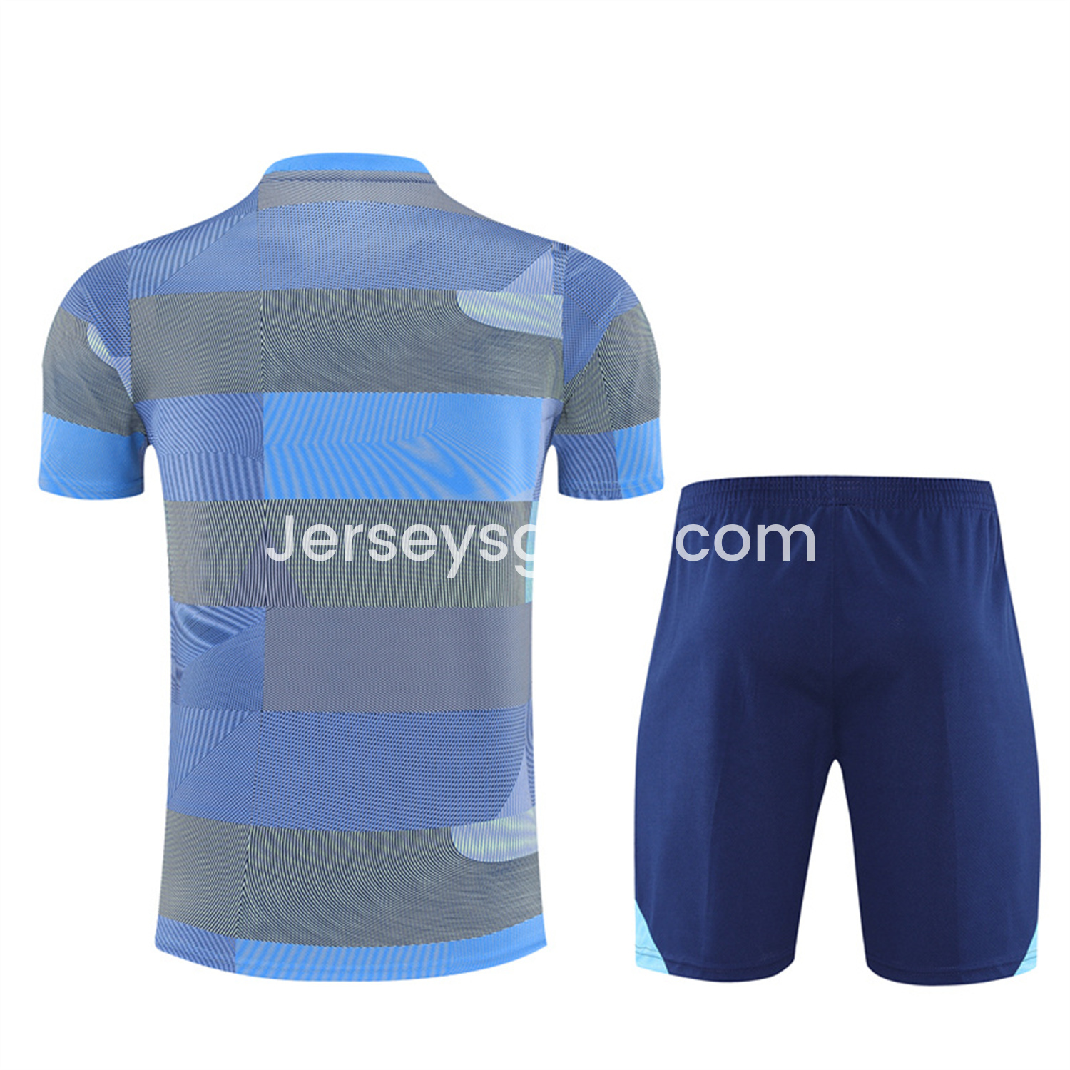 JerseysGala.com | Real Madrid 25-26 Pre-Match Kids Short-Sleeve Training Set - Blue-Gray Camouflage Top and Blue Shorts -Customize Name, Number and Patch | Worldwide Shipping