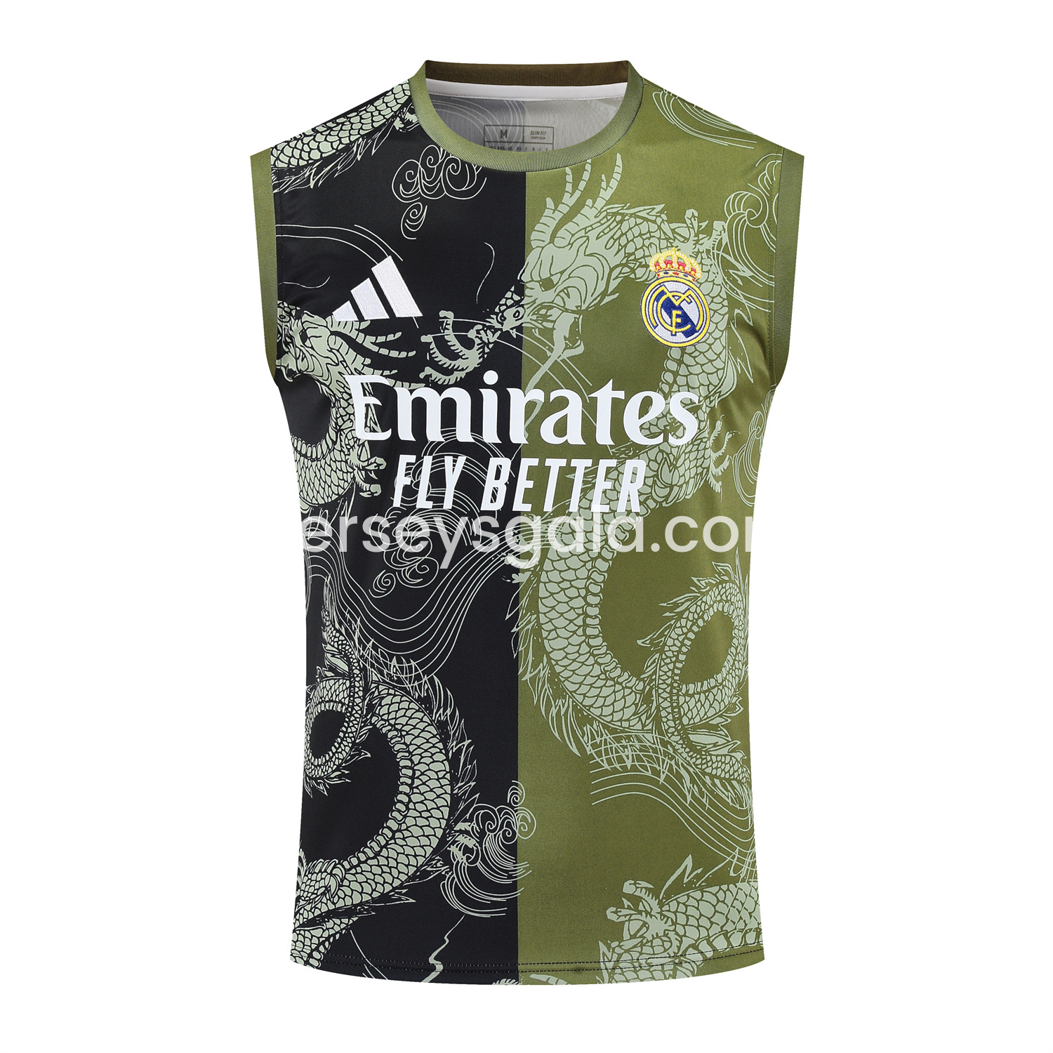 JerseysGala.com | Real Madrid 25-26 Vest Training Set - Green-Black Dragon Vest & Black-White Shorts -Customize Name, Number and Patch | Worldwide Shipping