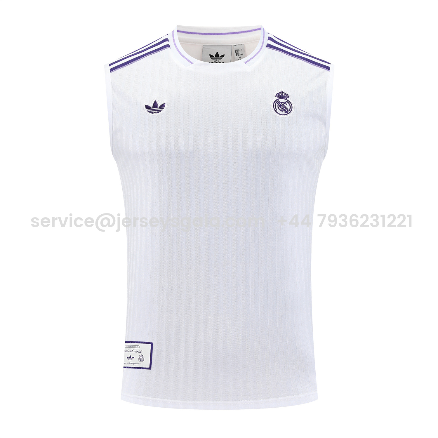 JerseysGala.com | Real Madrid 25-26 Vest Training Set - Pure White Vest & Purple Shorts -Customize Name, Number and Patch | Worldwide Shipping