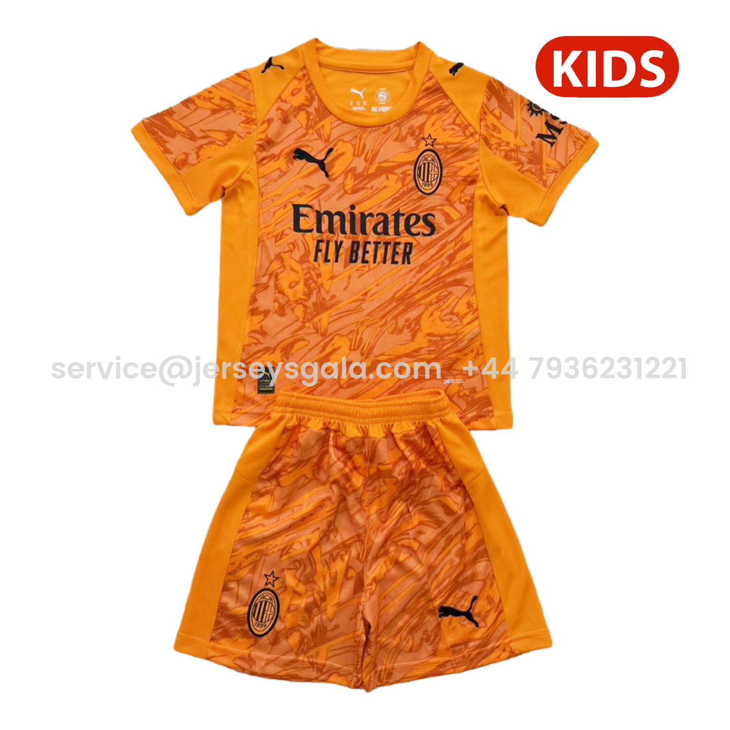 JerseysGala.com | AC Milan 25-26 Orange Goalkeeper Kids Kit -Customize Name, Number and Patch | Worldwide Shipping