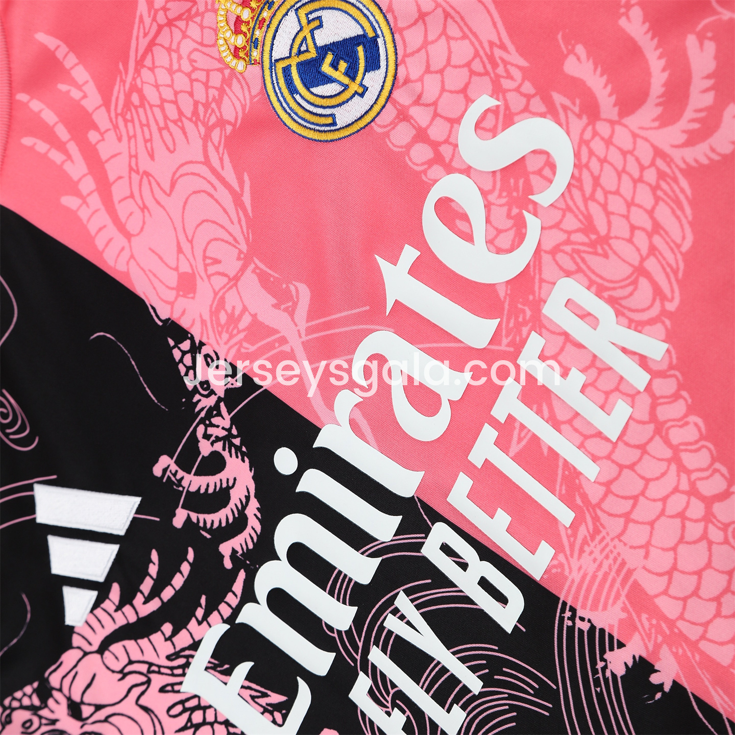 JerseysGala.com | Real Madrid 25-26 Short-Sleeve Training Set - Pink-Black Dragon Top & Black-White Shorts -Customize Name, Number and Patch | Worldwide Shipping