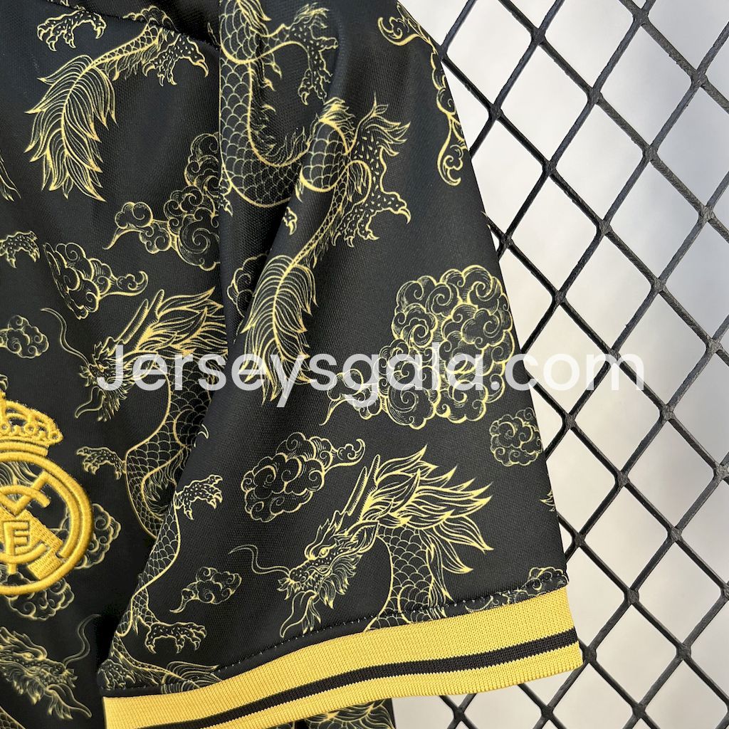 JerseysGala.com | Real Madrid 25-26 Golden Chinese Dragon Pattern Black Jersey - Fans Version -Customize Name, Number and Patch | Worldwide Shipping