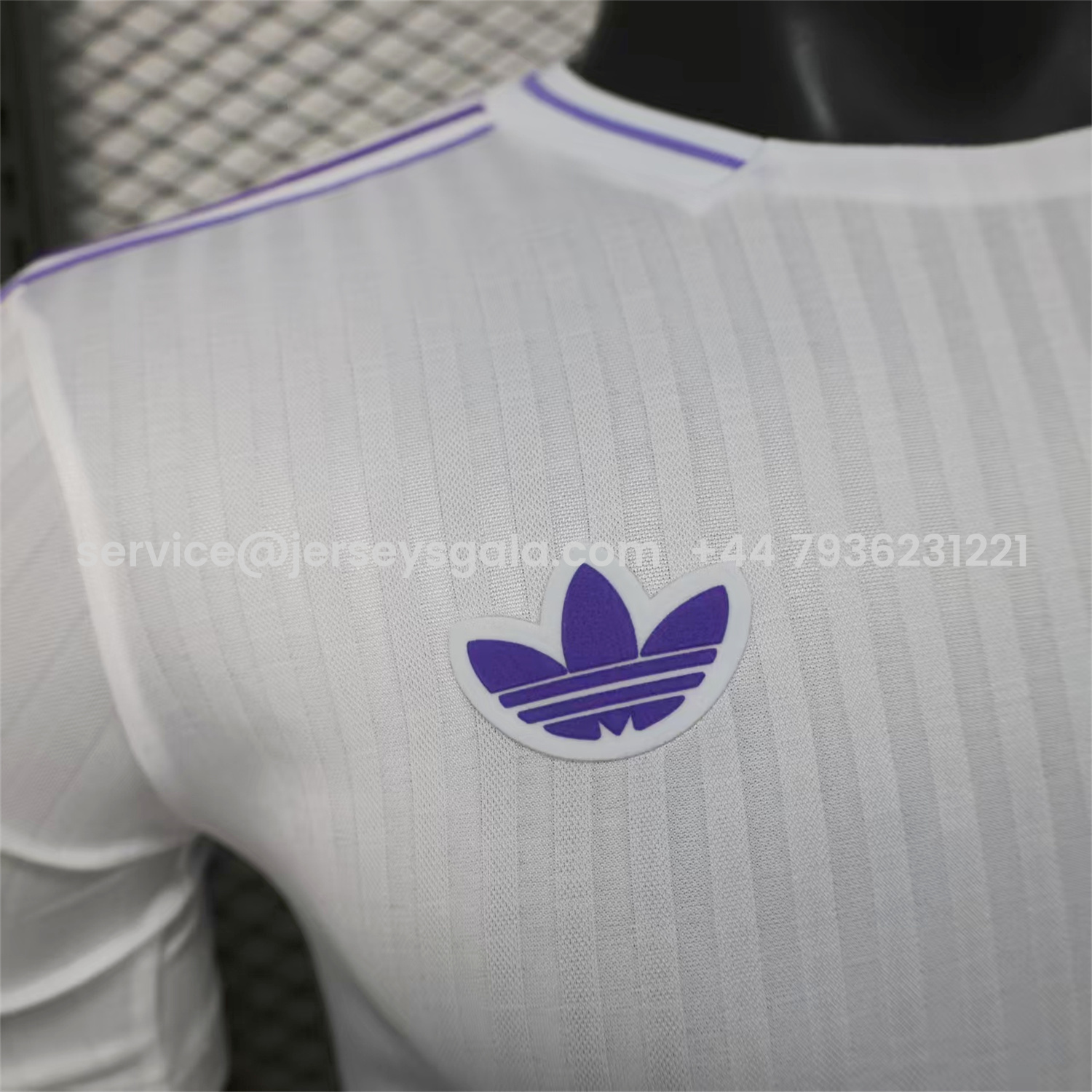 JerseysGala.com | Real Madrid 25-26 Purple Logo White Jersey - Player Version -Customize Name, Number and Patch | Worldwide Shipping