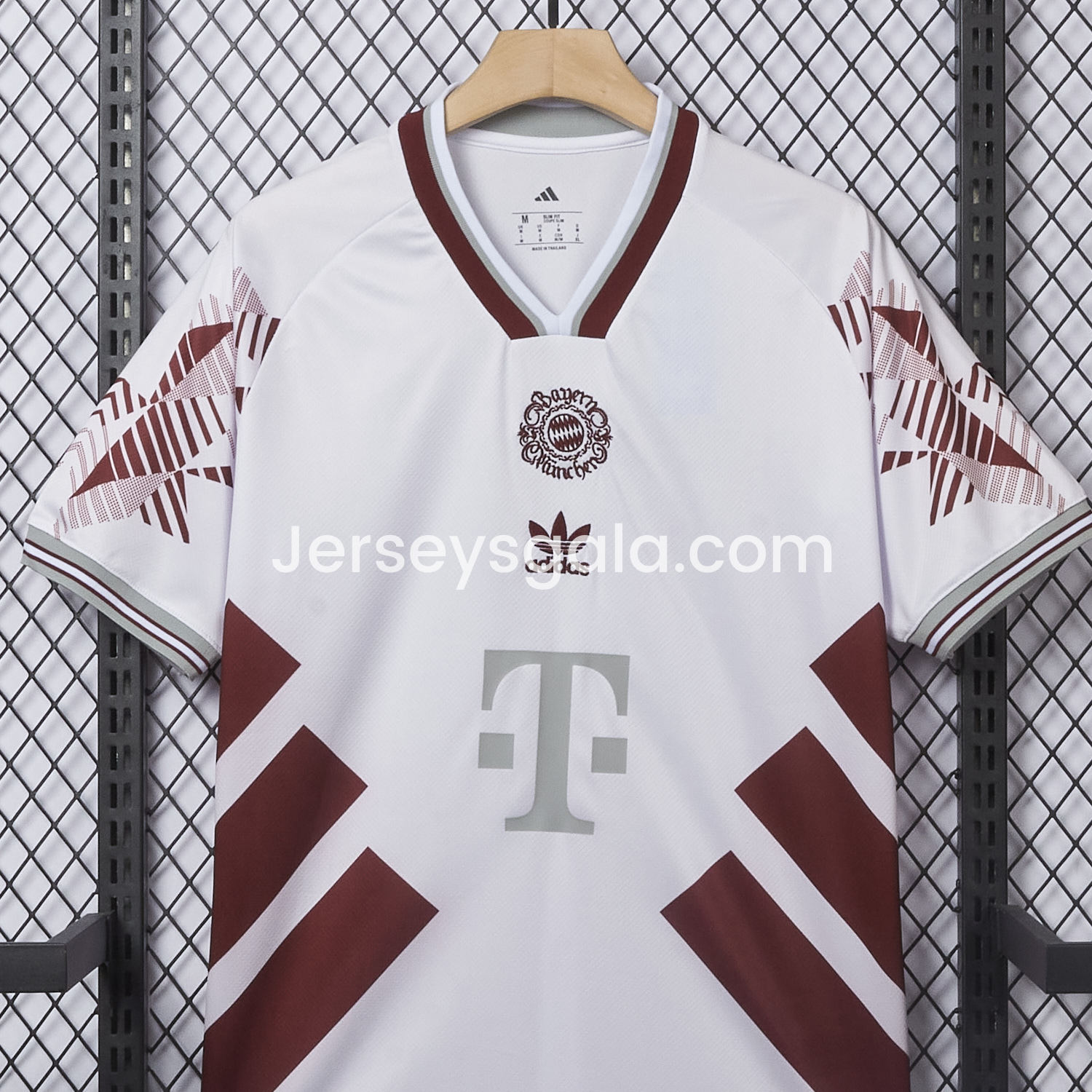 JerseysGala.com | Bayern Munich 25-26 Throwback Trefoil Red Stripe White Special Jersey - Fans Version -Customize Name, Number and Patch | Worldwide Shipping
