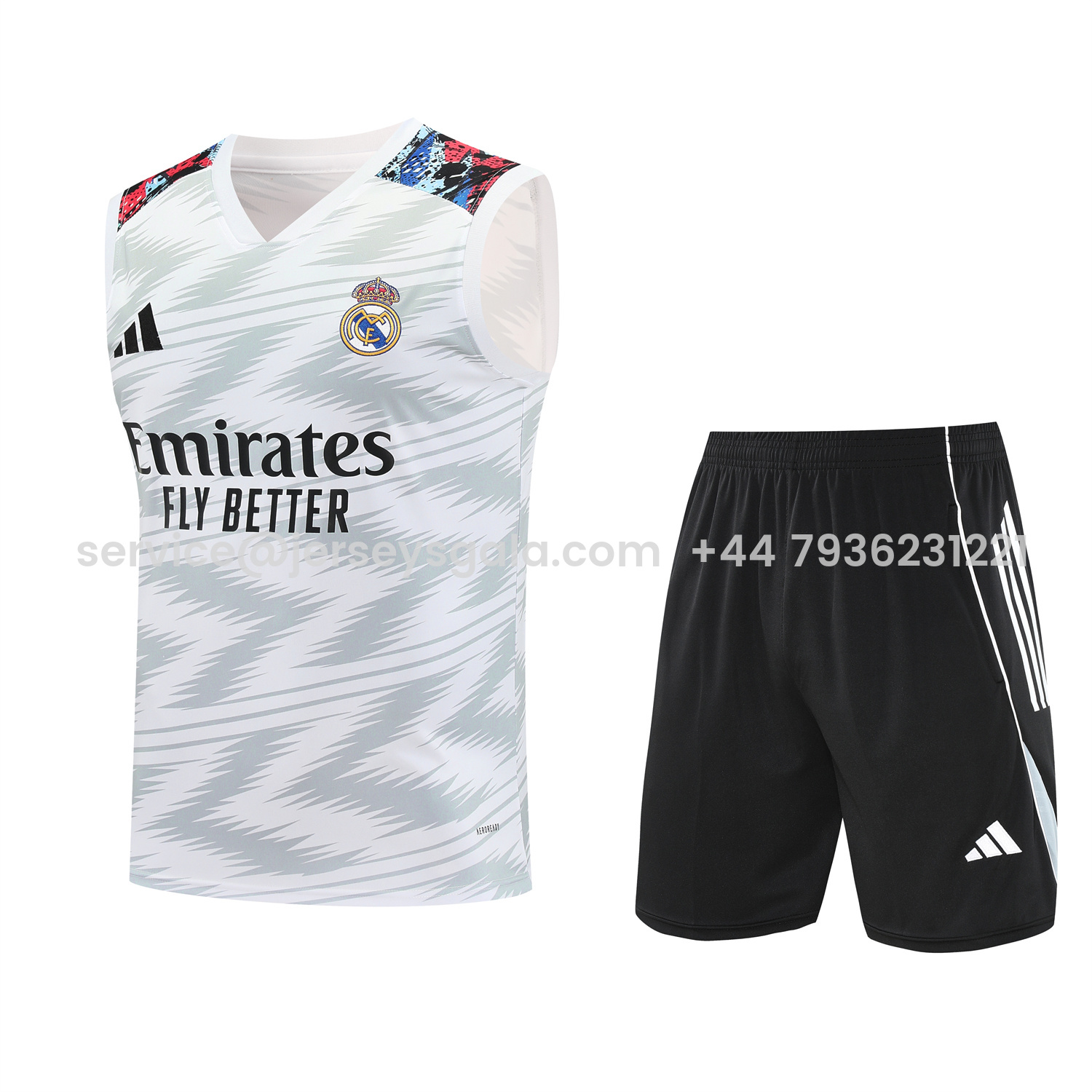 JerseysGala.com | Real Madrid 25-26 Vest Training Set - Grey Arrow Pattern Vest & Black Shorts -Customize Name, Number and Patch | Worldwide Shipping