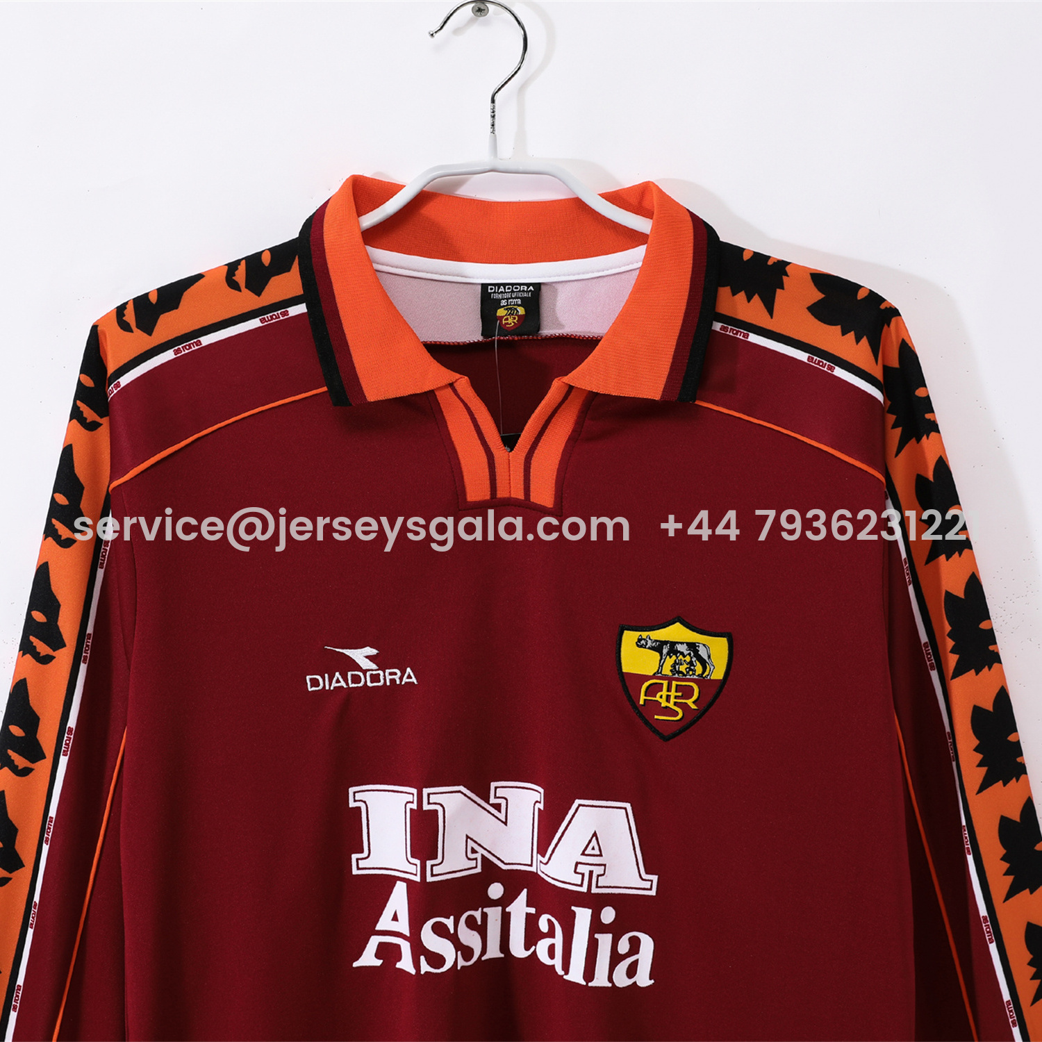 JerseysGala.com | Retro Roma 1998-99 Home Long Sleeves Jersey -Customize Name, Number and Patch | Worldwide Shipping