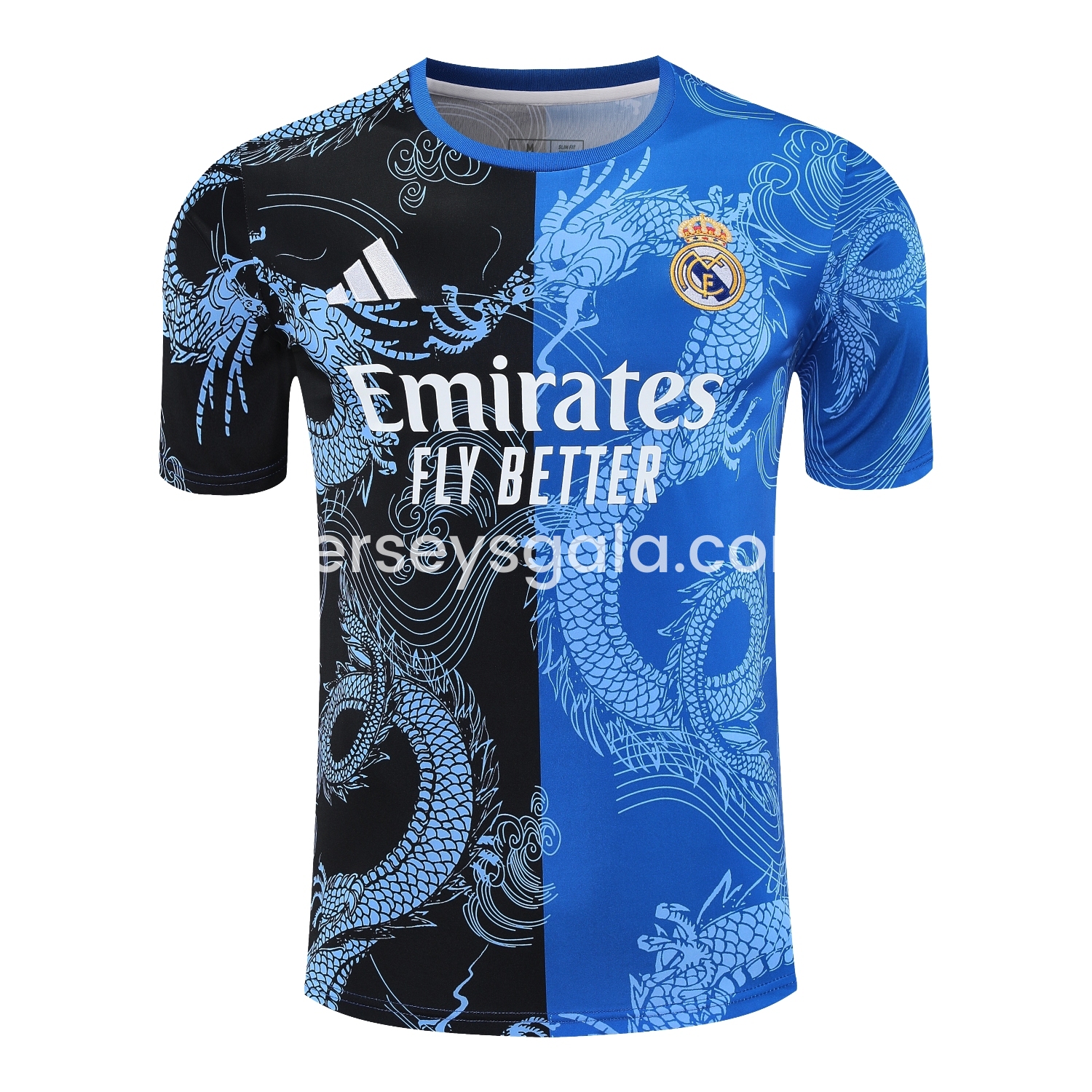 JerseysGala.com | Real Madrid 25-26 Short-Sleeve Training Set - Blue Black Dragon Top & Black-White Shorts -Customize Name, Number and Patch | Worldwide Shipping