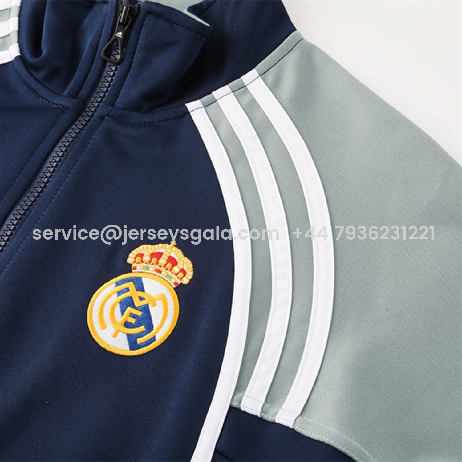 JerseysGala.com | Real Madrid 25-26 Jacket Training Tracksuit - Blue Grey Jackets & Pants -Customize Name, Number and Patch | Worldwide Shipping