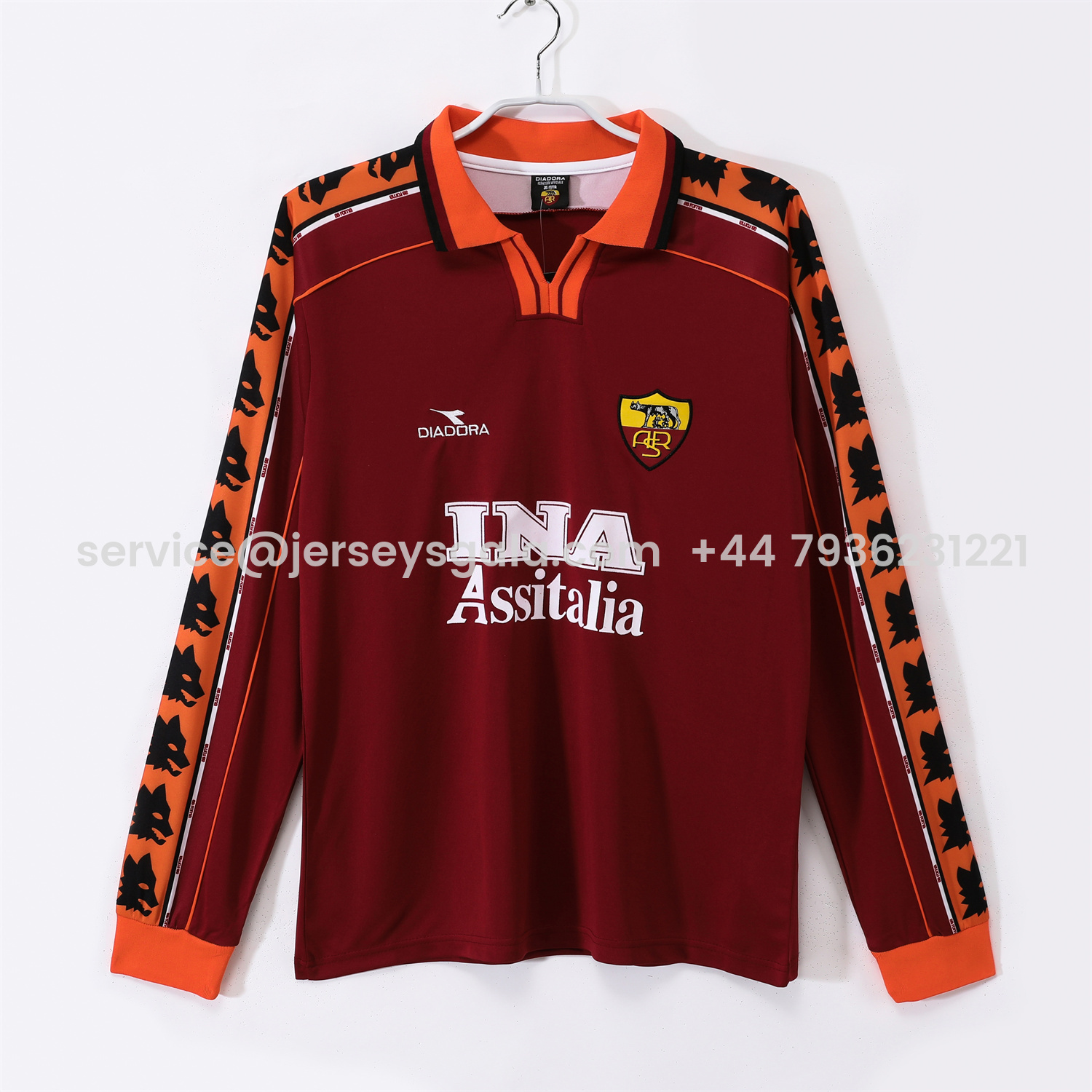 JerseysGala.com | Retro Roma 1998-99 Home Long Sleeves Jersey -Customize Name, Number and Patch | Worldwide Shipping