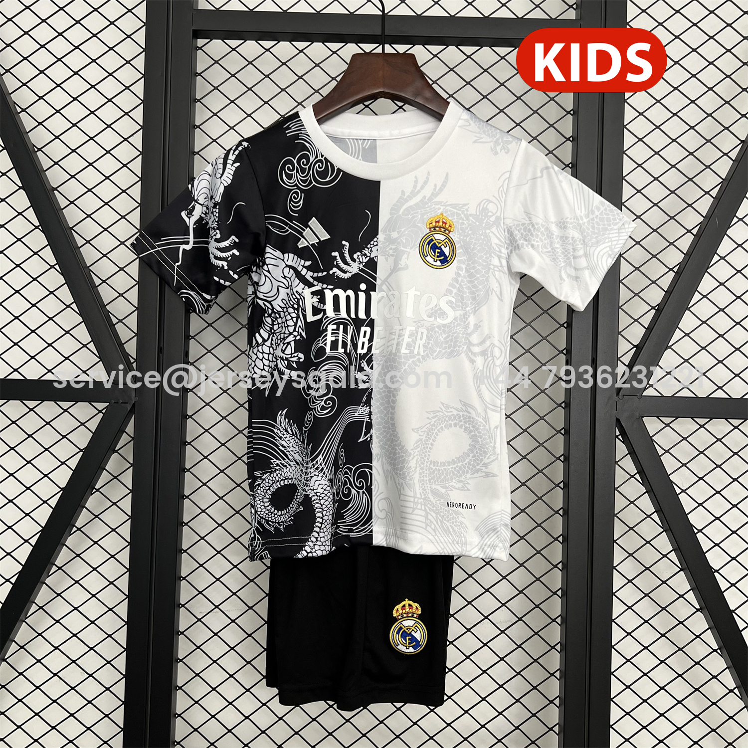 JerseysGala.com | Real Madrid 25-26 Dragon White And Black Special Kids Kit -Customize Name, Number and Patch | Worldwide Shipping