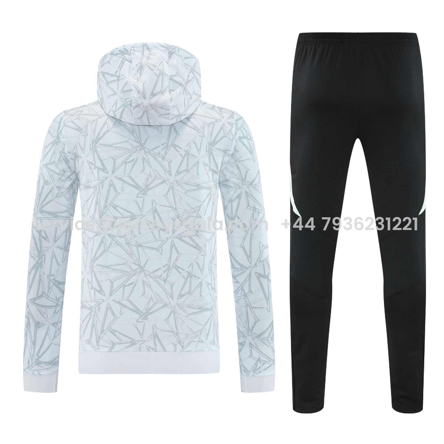 JerseysGala.com | Real Madrid 25-26 Traning Hoodie Set - Triangular Spots White Hoodie With Black Pants -Customize Name, Number and Patch | Worldwide Shipping