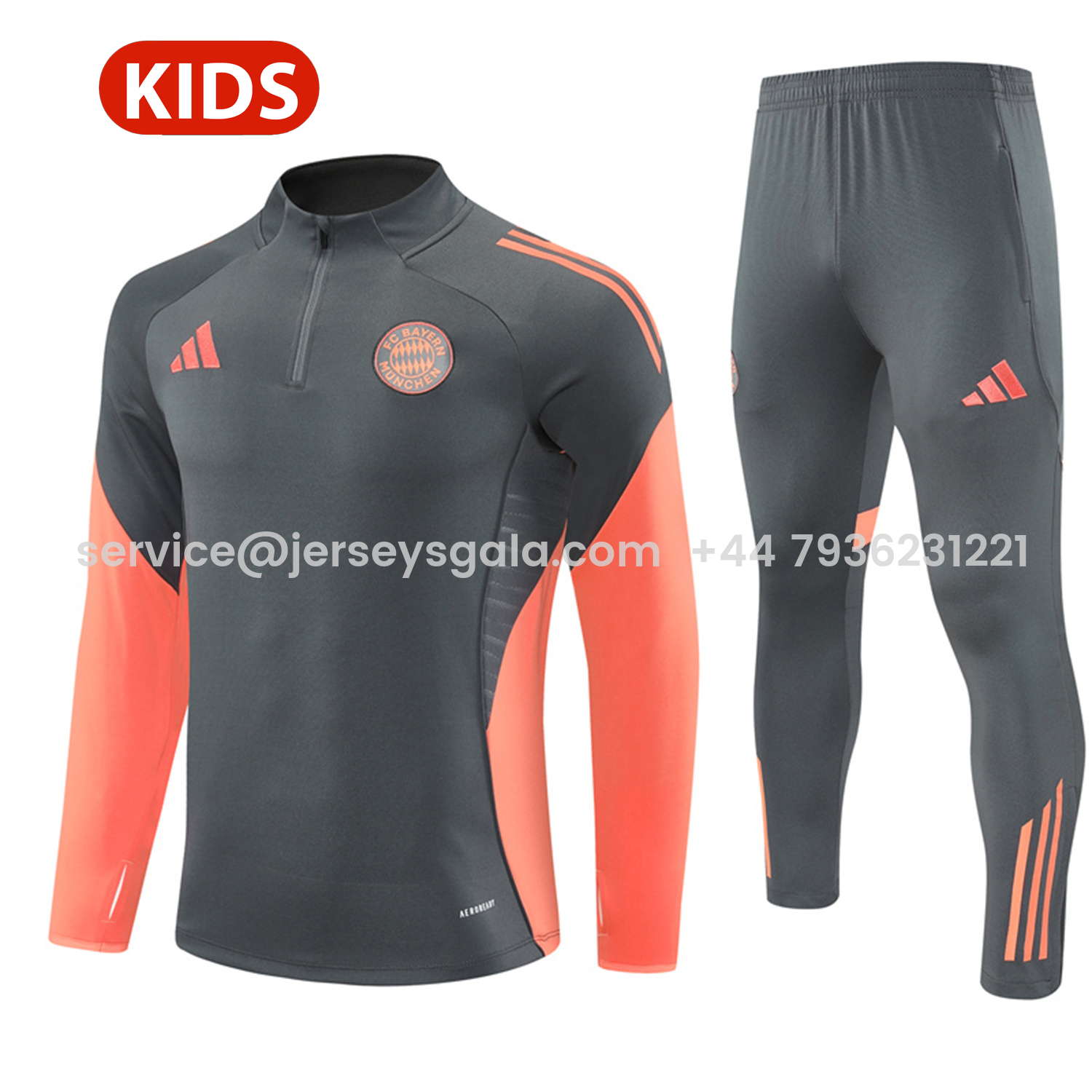 JerseysGala.com | Bayern Munich 25-26 Kids Long Sleeves Training Set - Dark Grey Top & Pants -Customize Name, Number and Patch | Worldwide Shipping