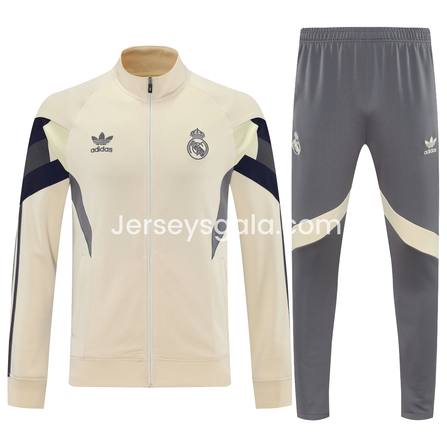 JerseysGala.com | Real Madrid 25-26 Throwback Jacket Training Tracksuit - Off-white Jackets & Grey Pants -Customize Name, Number and Patch | Worldwide Shipping