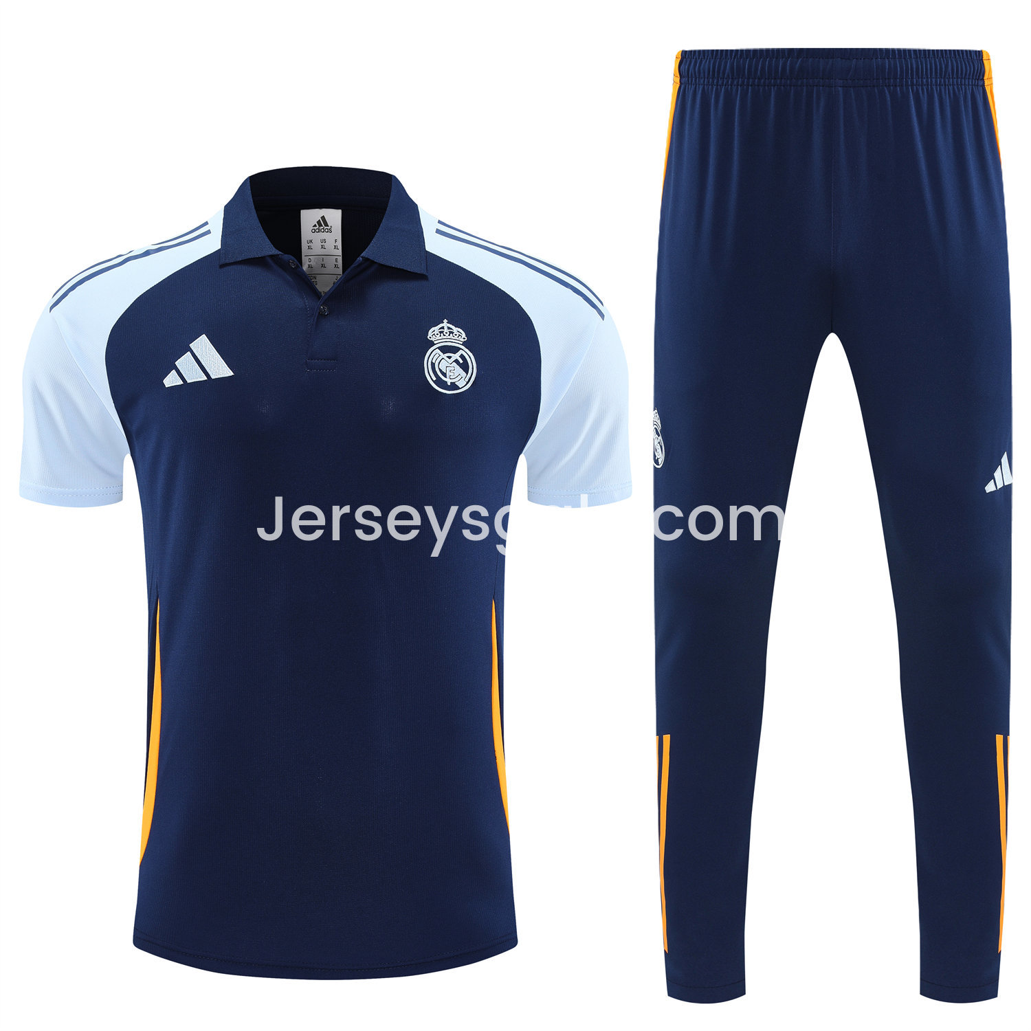 JerseysGala.com | Real Madrid 25-26 POLO Short-Sleeve Training Set - Deep Blue Top and Pants with Yellow Stripes -Customize Name, Number and Patch | Worldwide Shipping