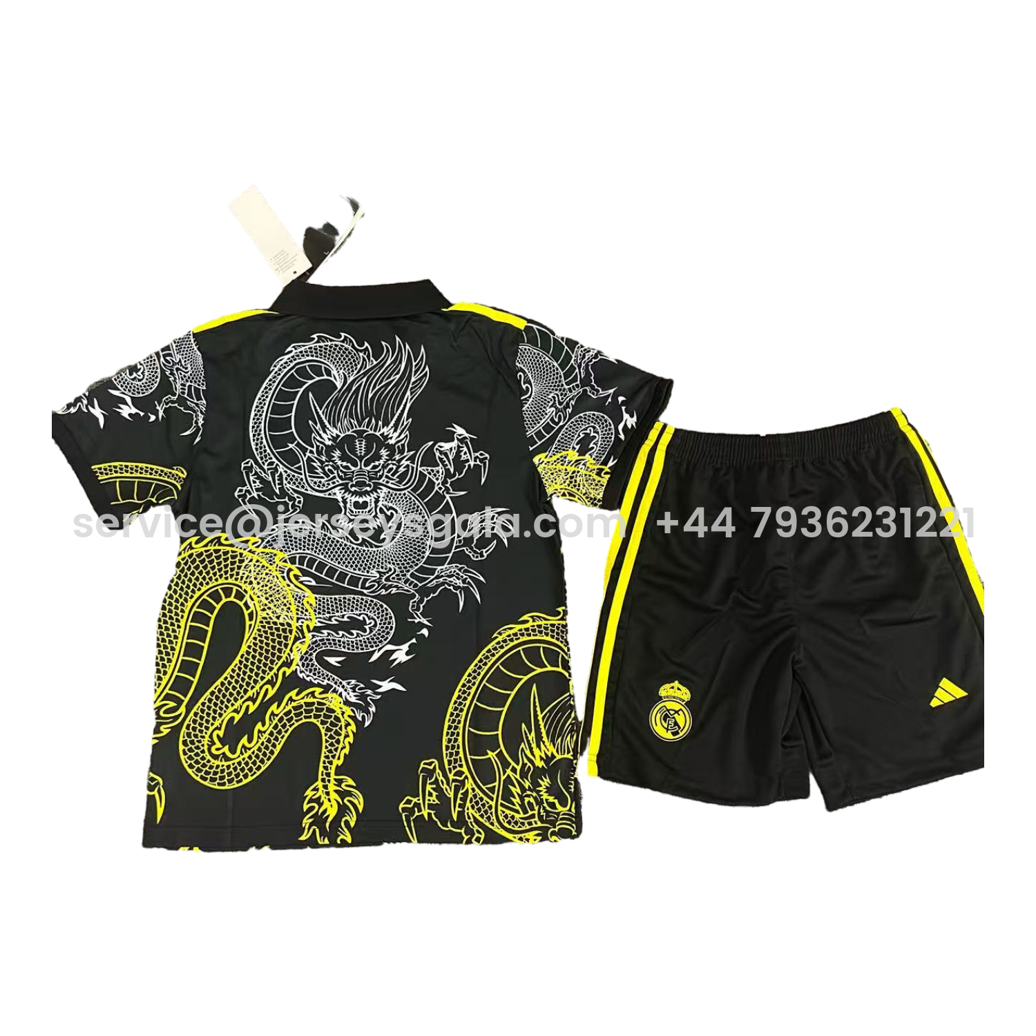 JerseysGala.com | Real Madrid 25-26 Yellow And White Dragon Black Special Kids Kit -Customize Name, Number and Patch | Worldwide Shipping