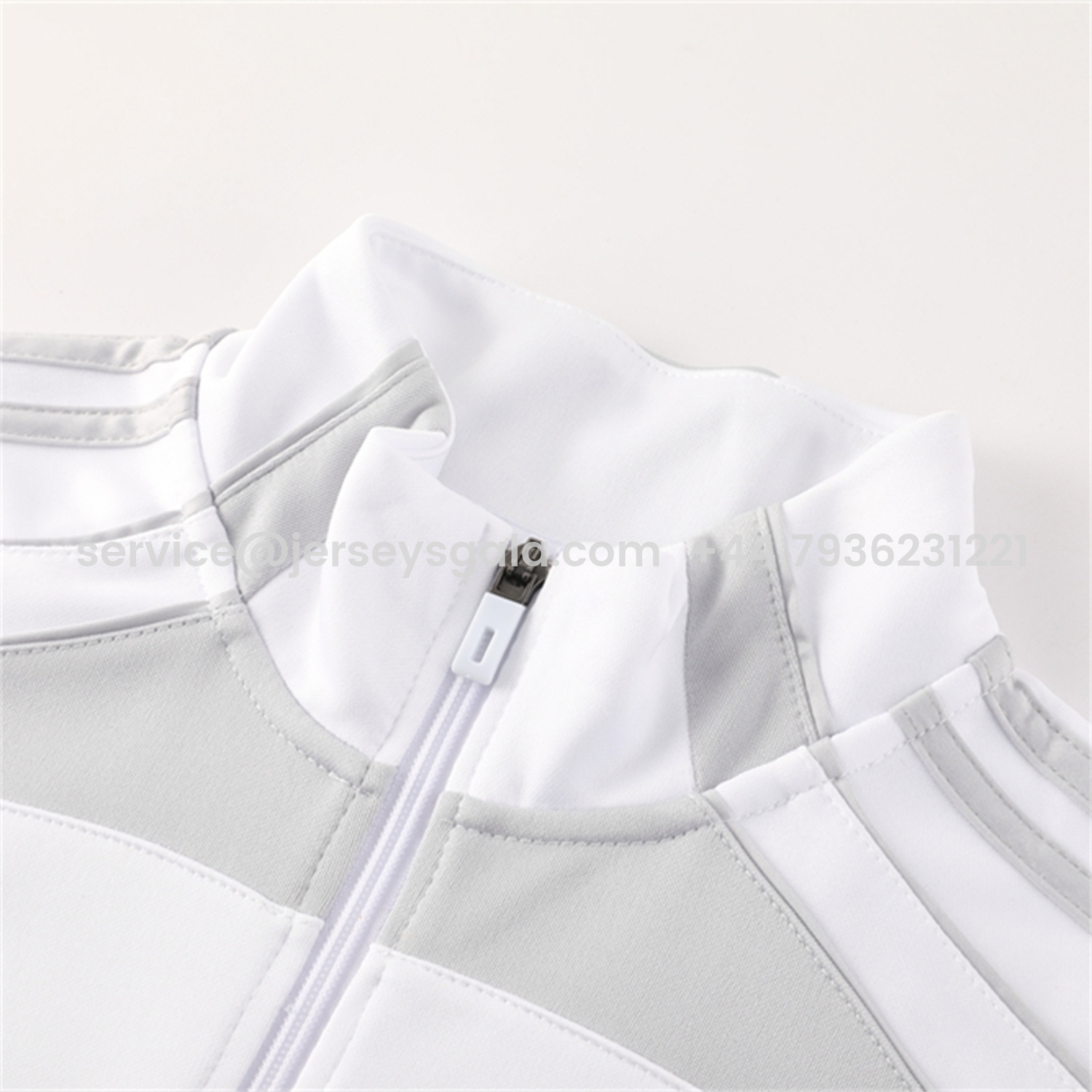 JerseysGala.com | Real Madrid 25-26 Jacket Training Tracksuit - White Jackets & Light Grey Pants -Customize Name, Number and Patch | Worldwide Shipping