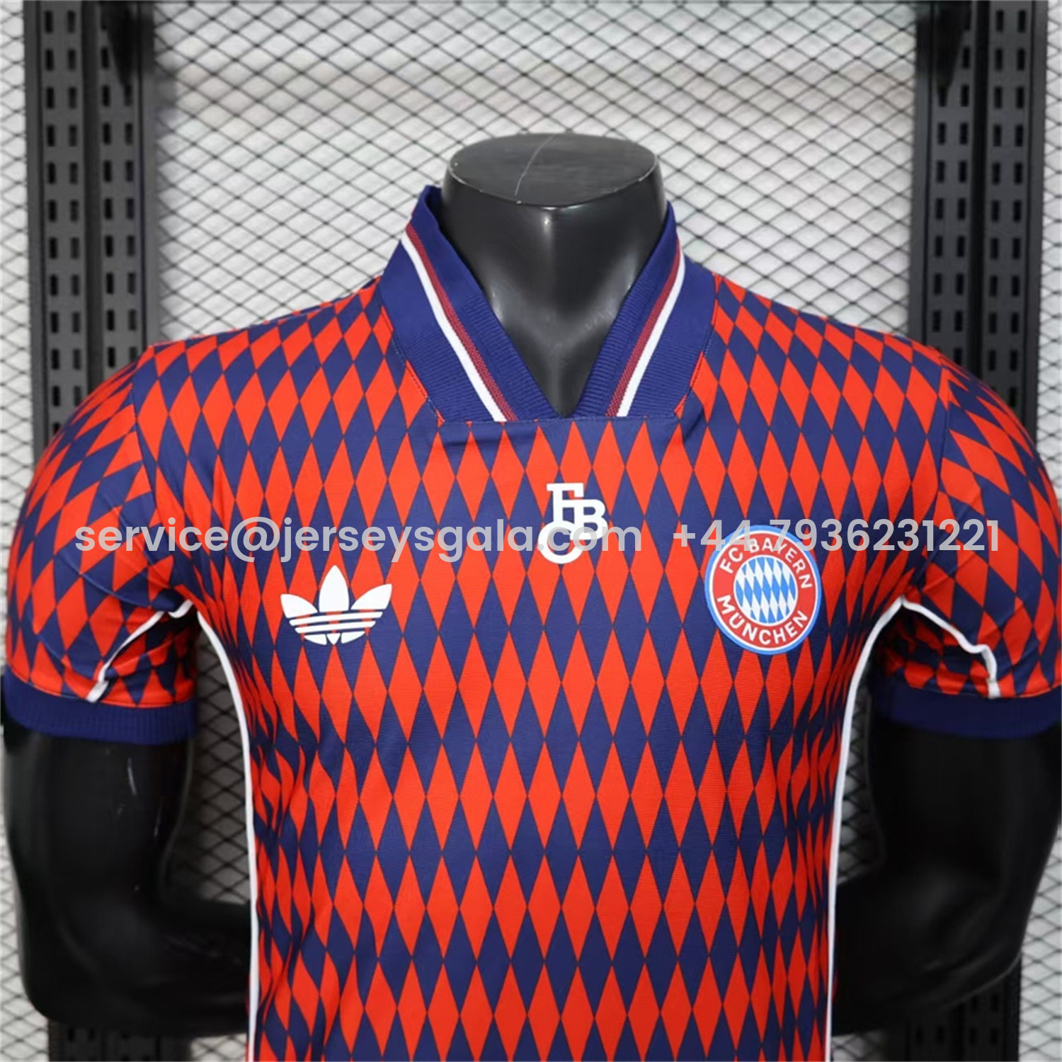 JerseysGala.com | Bayern Munich 25-26 Trefoil Retro Style Red And Deep Blue Jersey - Player Version -Customize Name, Number and Patch | Worldwide Shipping