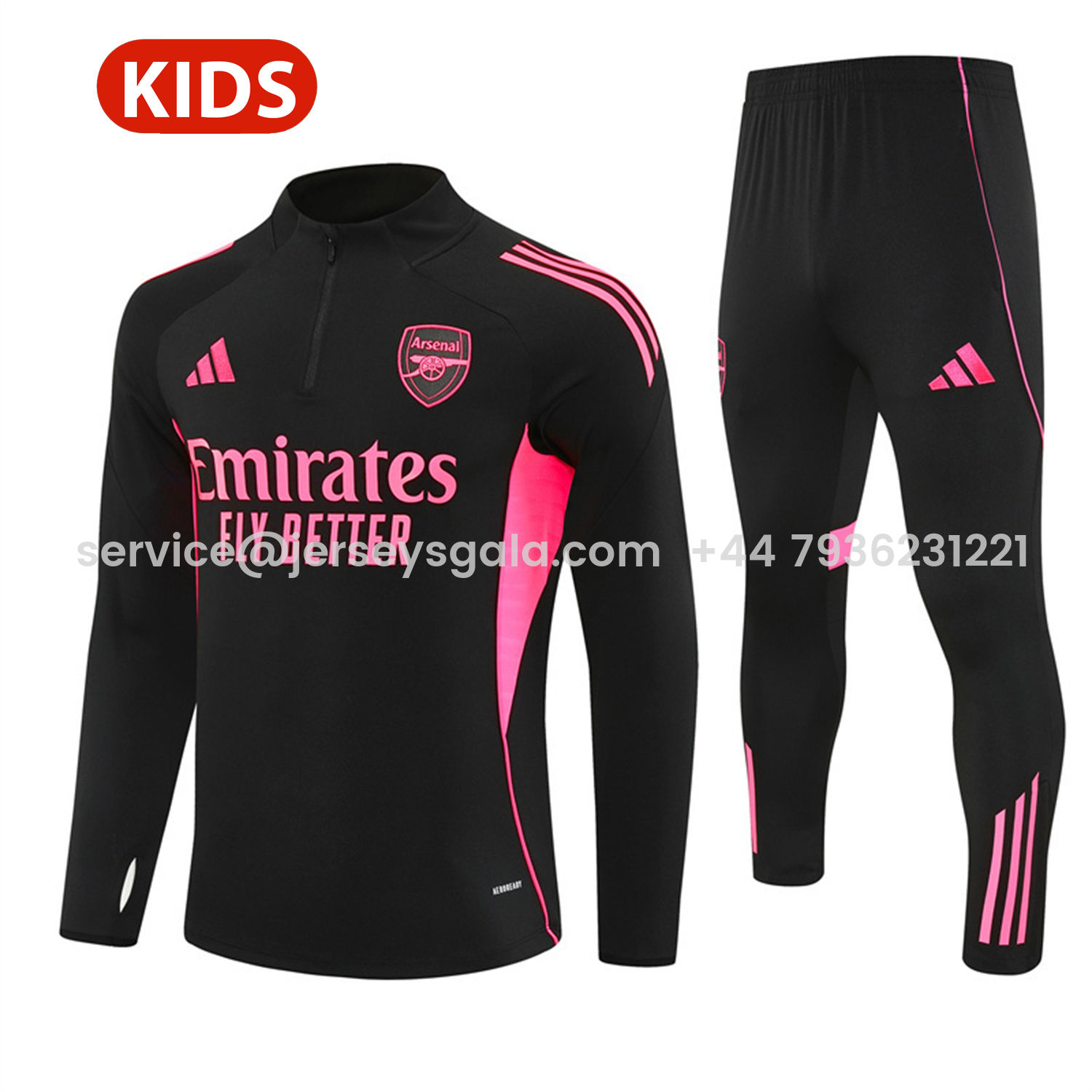 JerseysGala.com | Arsenal 25-26 Kids Long Sleeve Training Set - Pink Logo Balck Top & Black Pants -Customize Name, Number and Patch | Worldwide Shipping