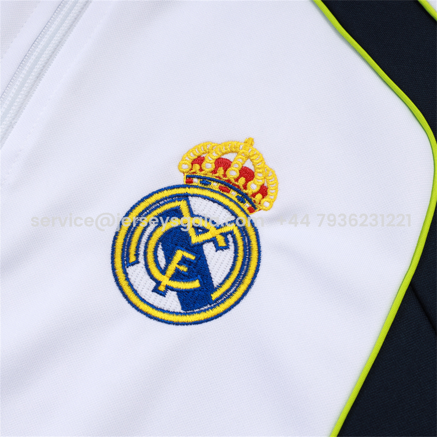JerseysGala.com | Real Madrid 25-26 Jacket Training Tracksuit - White Throwback Jackets & Black Pants -Customize Name, Number and Patch | Worldwide Shipping