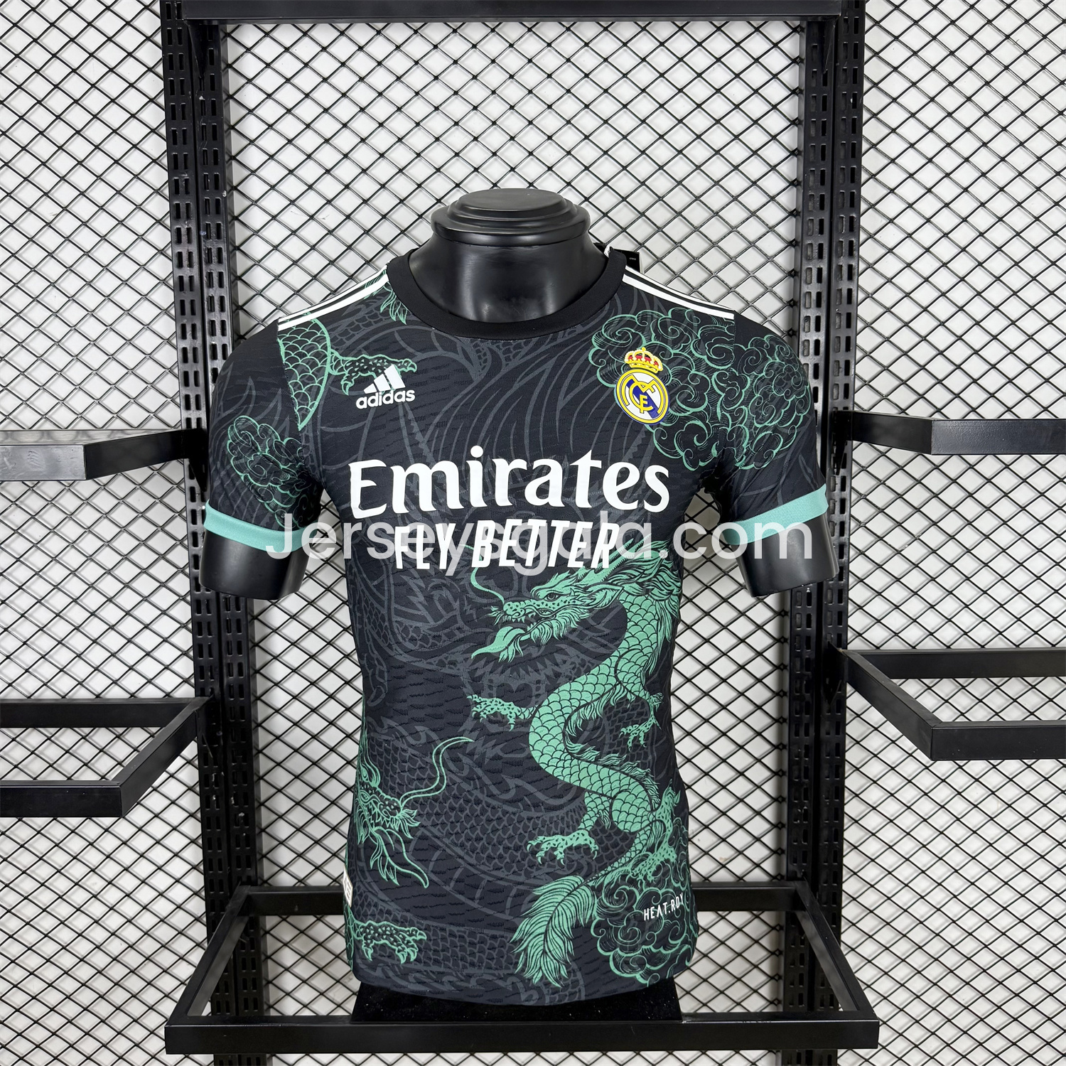 JerseysGala.com | Real Madrid 25-26 Green Dragon Soars Black Jersey - Player Version -Customize Name, Number and Patch | Worldwide Shipping