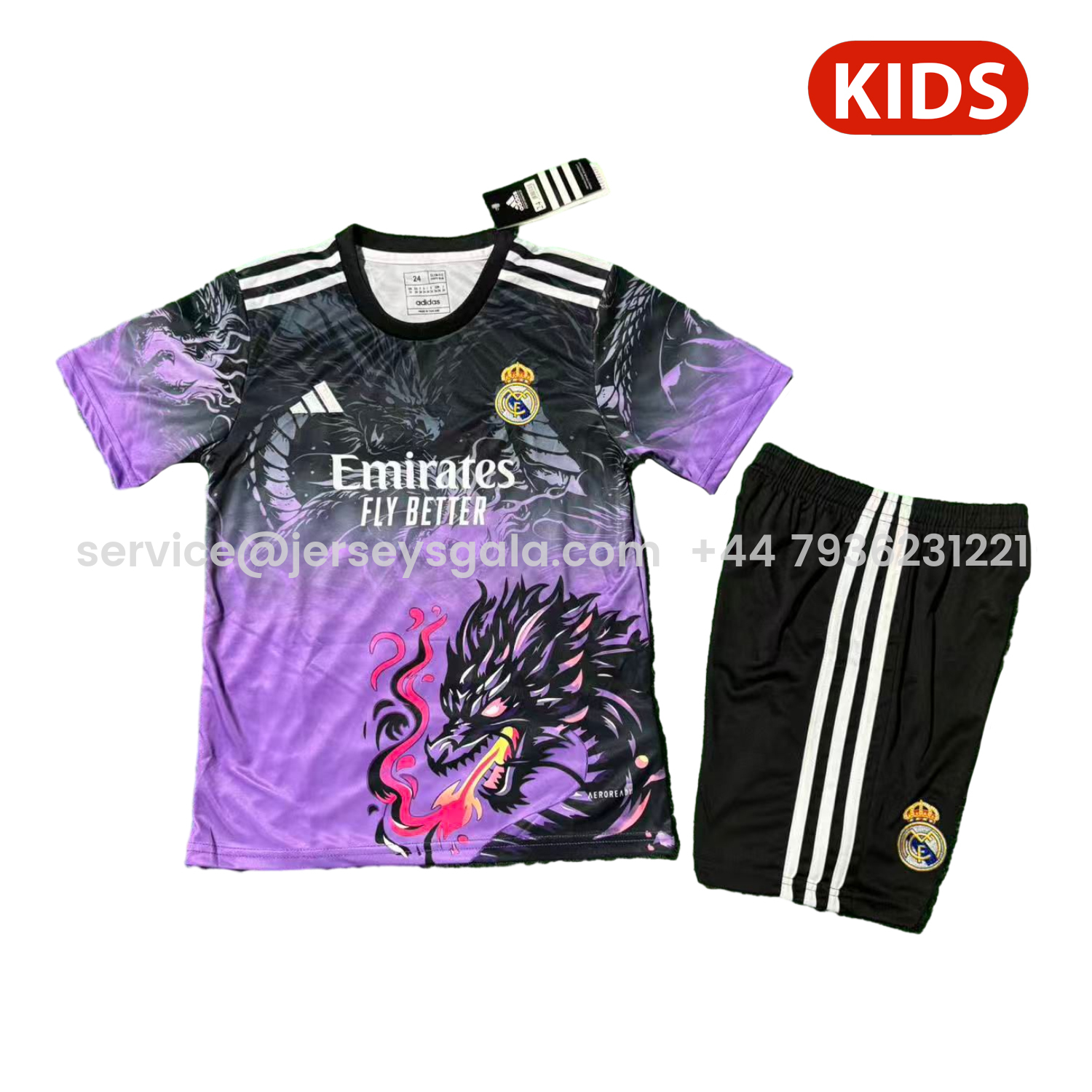 JerseysGala.com | Real Madrid 25-26 Black Dragon Purple Special Kids Kit -Customize Name, Number and Patch | Worldwide Shipping