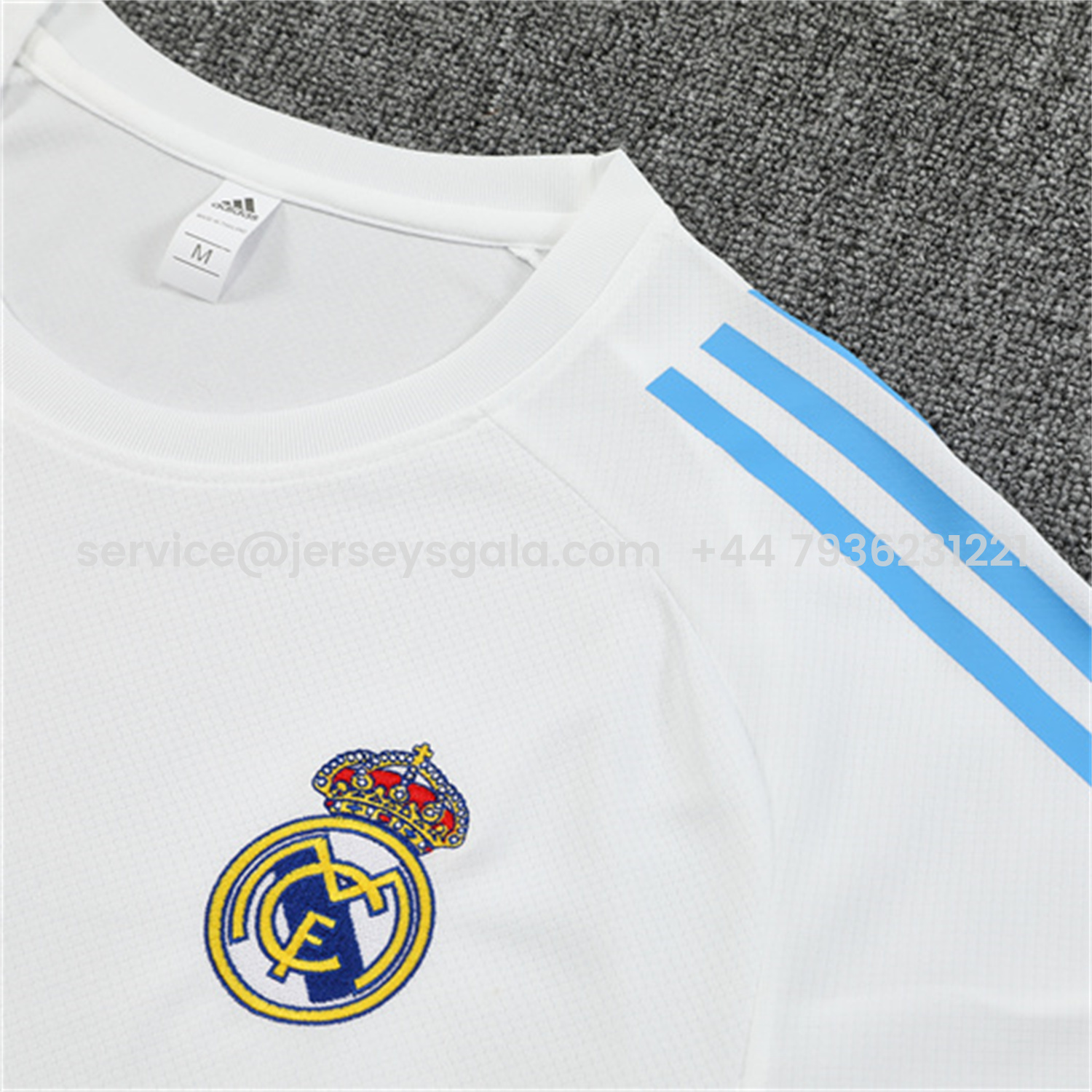 JerseysGala.com | Real Madrid 25-26 Short-Sleeve Training Set - White Top and Sky Blue Shorts -Customize Name, Number and Patch | Worldwide Shipping