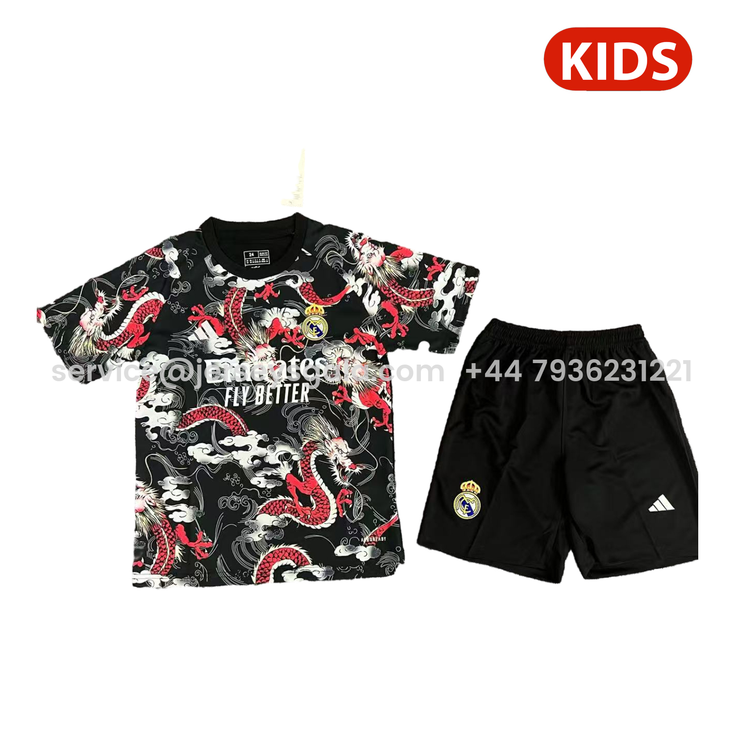 JerseysGala.com | Real Madrid 25-26 Red Dragon With Cloud Black Special Kids Kit -Customize Name, Number and Patch | Worldwide Shipping